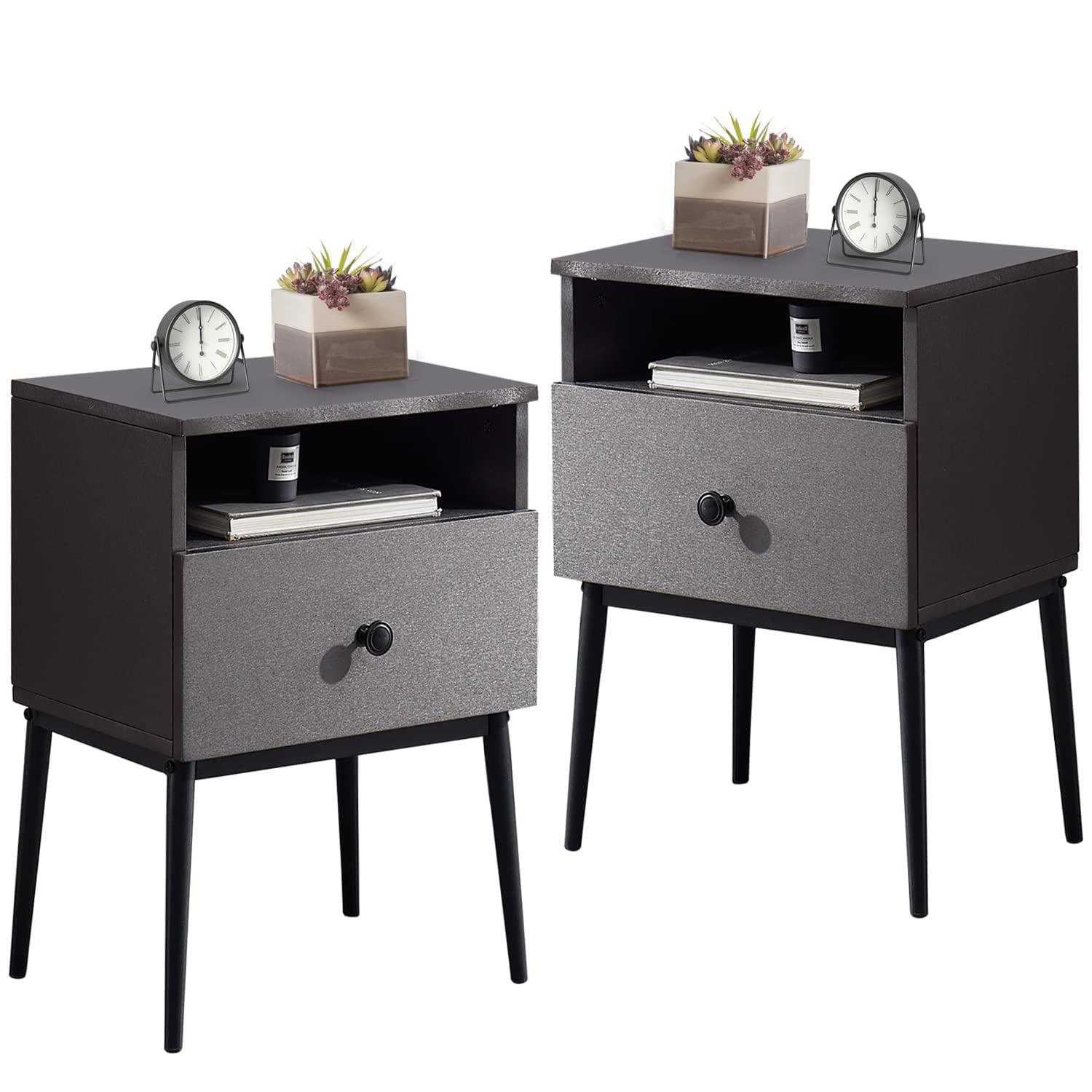 Modern End Side Tables with 3-Tier Storage - Nightstand for Small Spaces, Living Room & Bedroom - Farmhouse Style Easy Assembly Grey (2-Pack) - Perfect for Apartments, Dorms & Cozy Home Decor
