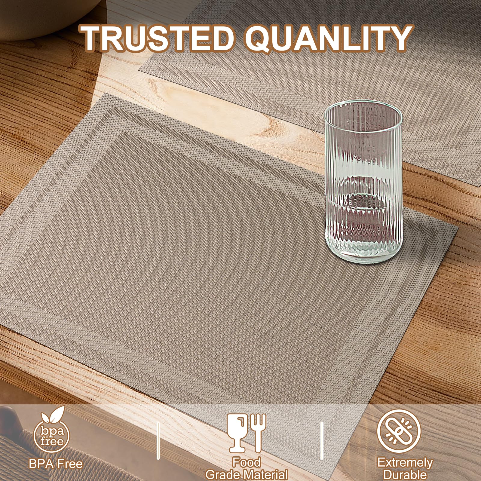 6-Piece Boho Woven Placemats Set - Waterproof Vinyl Table Mats for Indoor/Outdoor Dining - Beige Decorative Table Mats for Kitchen, Patio, and Picnic Use