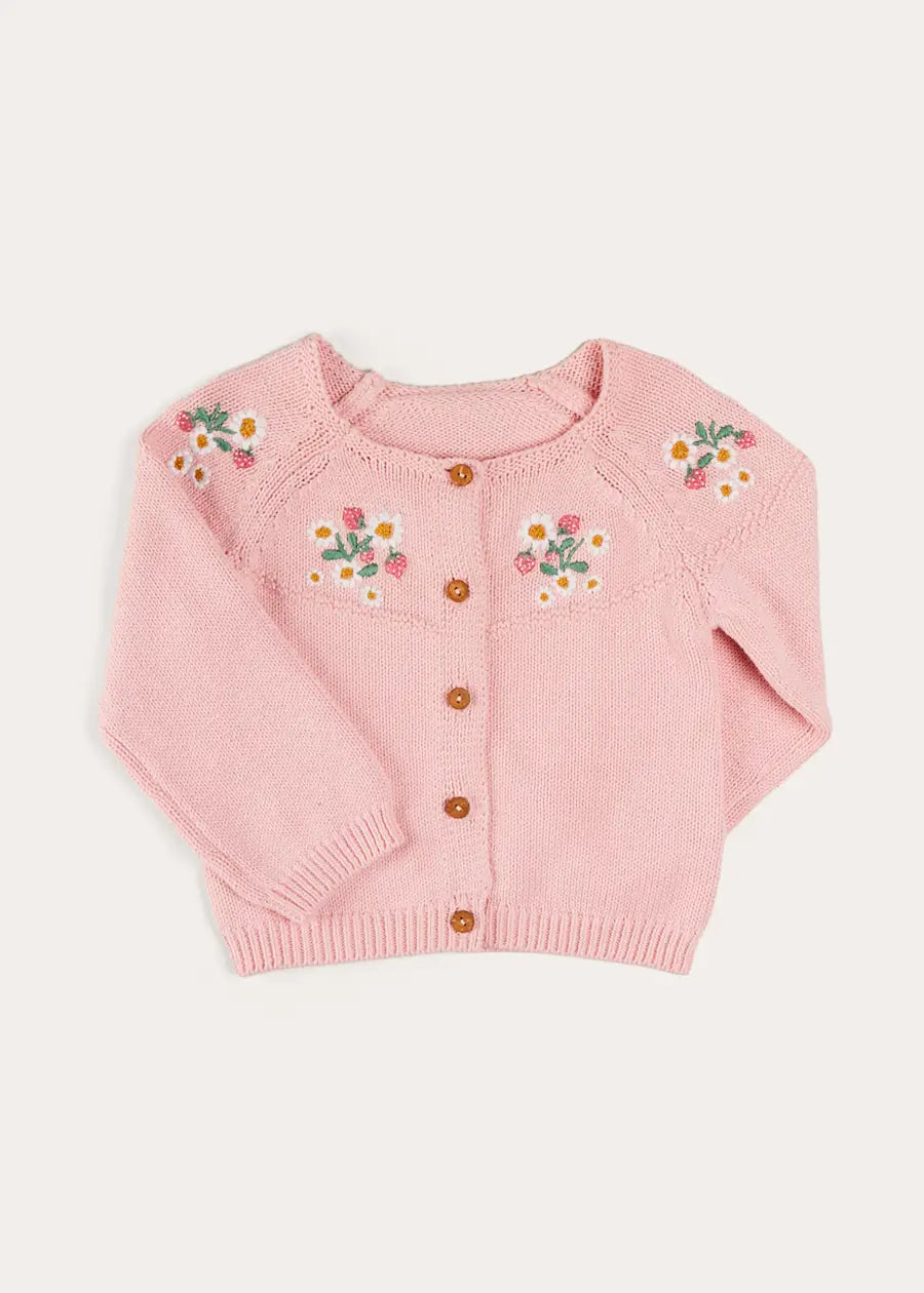 Pink Strawberry Embroidery Cardigan for Kids (12 Months to 6 Years) - Cute Spring Outfit & Photoshoot Dress