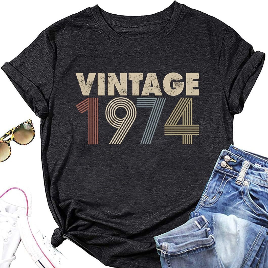 Vintage 70s Retro T-Shirt for Women - Funny 1974 1975 Original Parts Letter Print Tee - 50th Birthday Gift for Mom - Perfect for 70s Theme Parties, Costume Events & Nostalgic Fashion