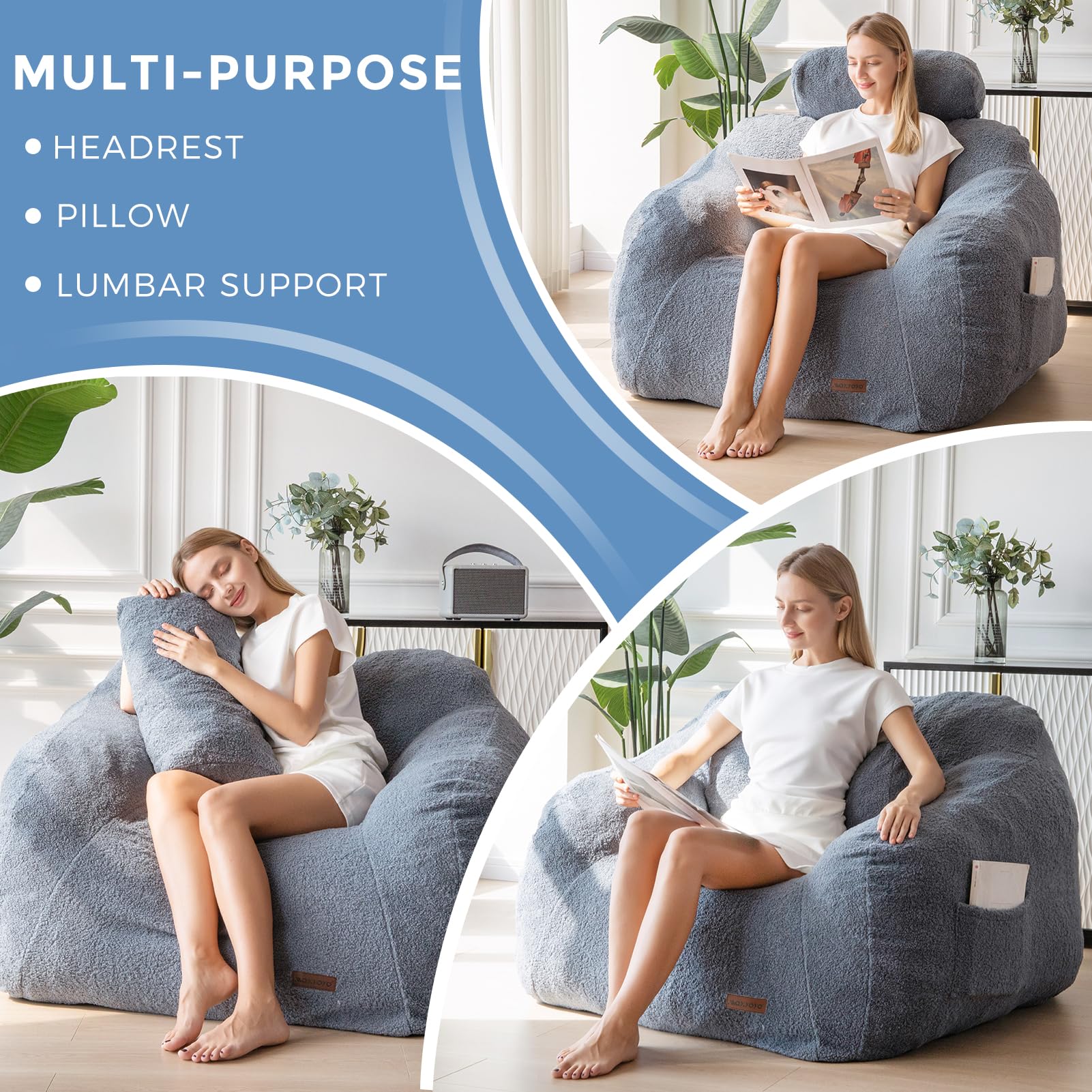MAXYOYO Giant Bean Bag Chair with Pillow - Extra Large Fuzzy Comfy Bean Bag for Adults & Kids, Beige - Perfect for Living Room, Bedroom, Game Room & Dorm Relaxation