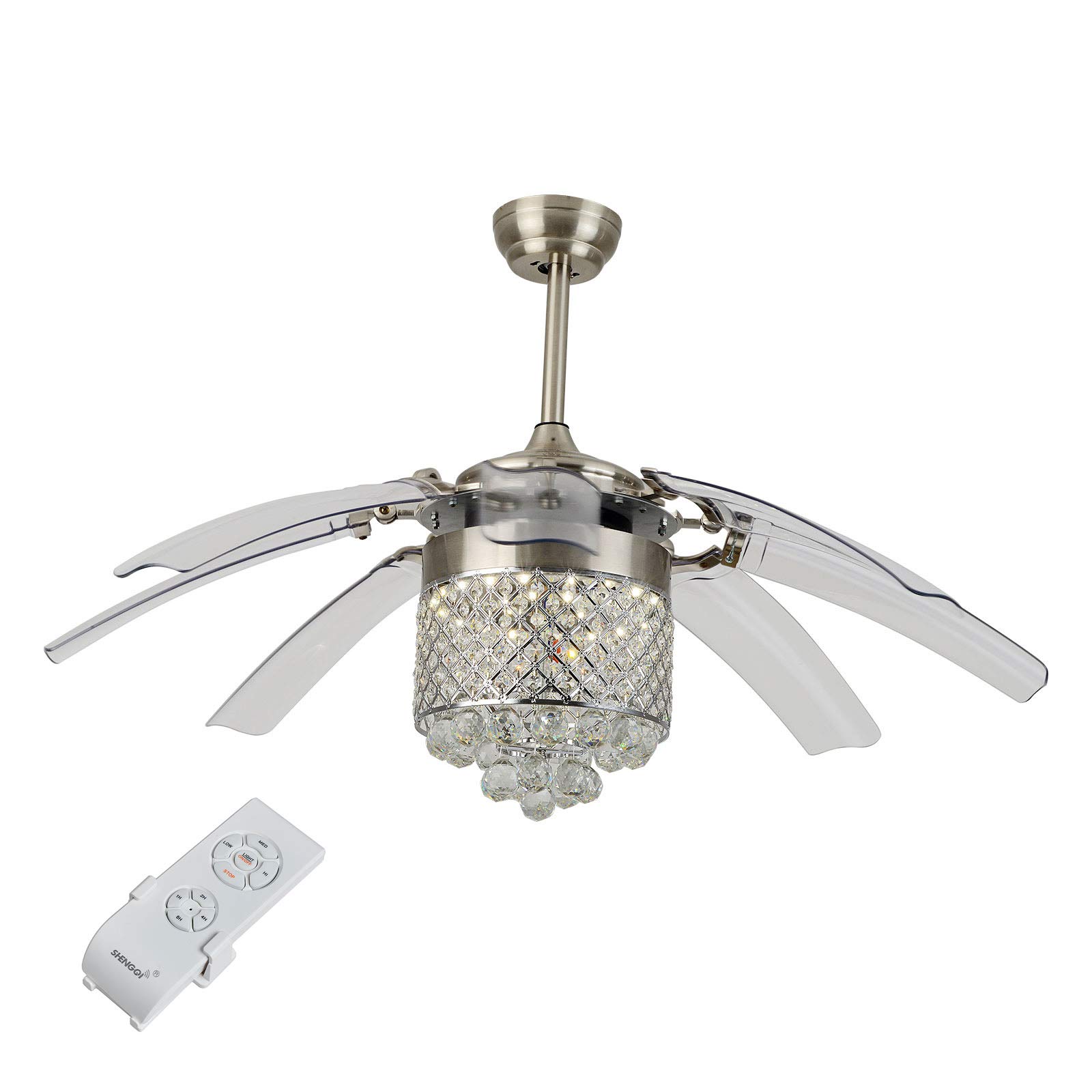 42 Inch Modern Crystal Ceiling Fan with LED Lights & Remote Control - Smart Chandelier Fan with 8 Retractable Blades - Silver Chromed - Perfect for Living Room, Bedroom & Dining Room Lighting Decor