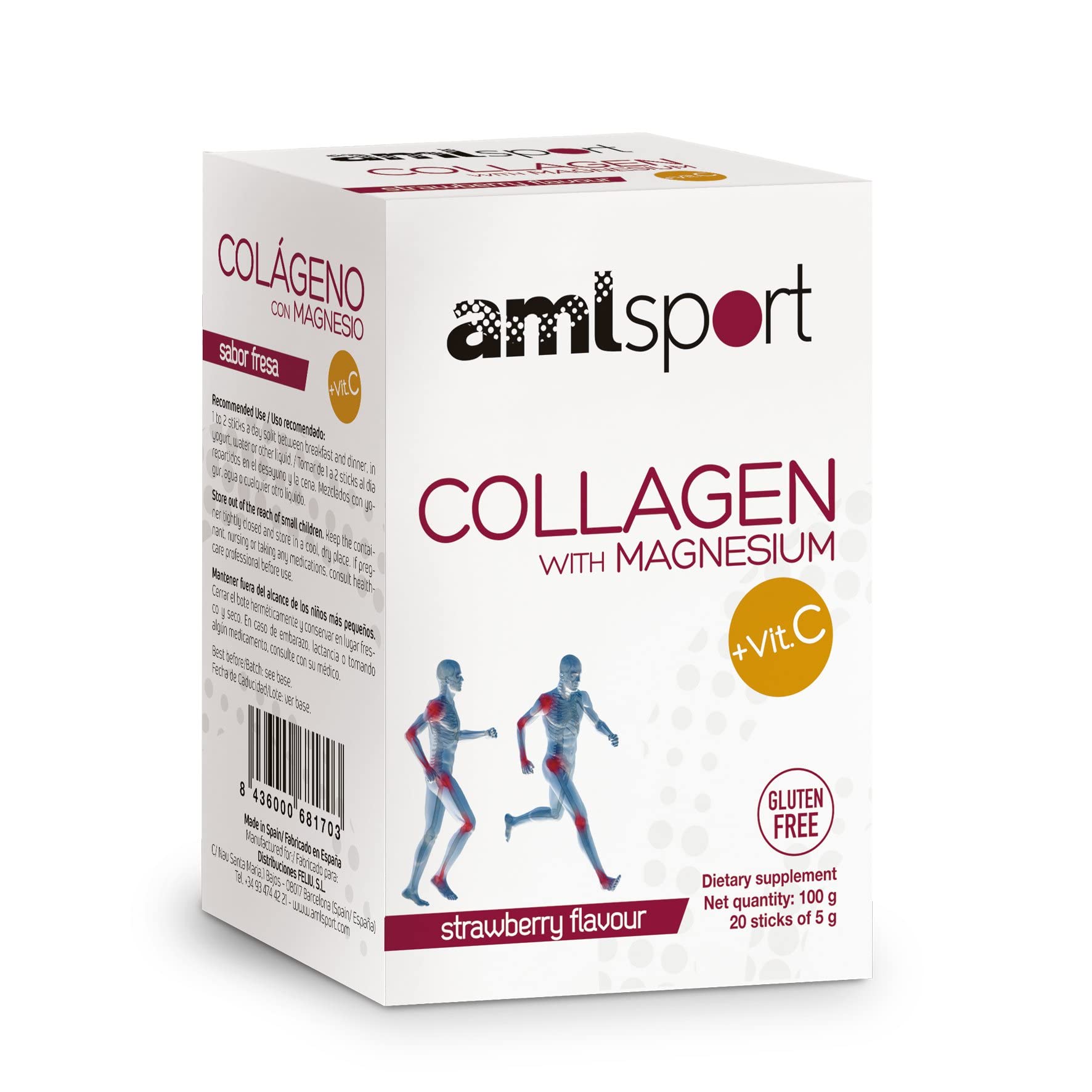 Ana María Lajusticia AML Sport Collagen with Magnesium & Vitamin C - 20 Strawberry Flavored Sticks - Hydrolyzed Collagen Supplement for Joint & Skin Health - Travel Pack - Dairy, Gluten & Sugar Free - Perfect for Gym, Travel & Active Lifestyle