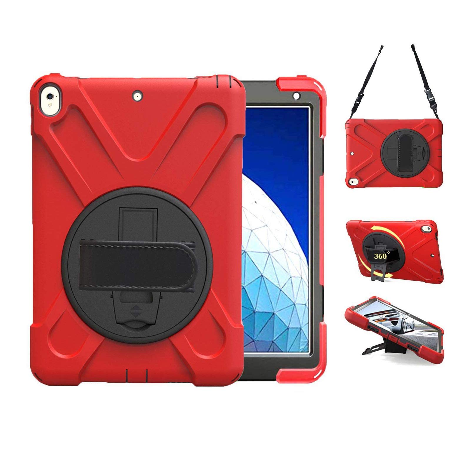 Durable Shockproof iPad Air 3 (2019) & iPad Pro 10.5 (2017) Case for Kids - Heavy Duty Full Body Protection with Adjustable Stand, Hand Strap & Shoulder Strap | Perfect for School, Travel & Outdoor Activities | 10.5 Inch Red Protective Cover