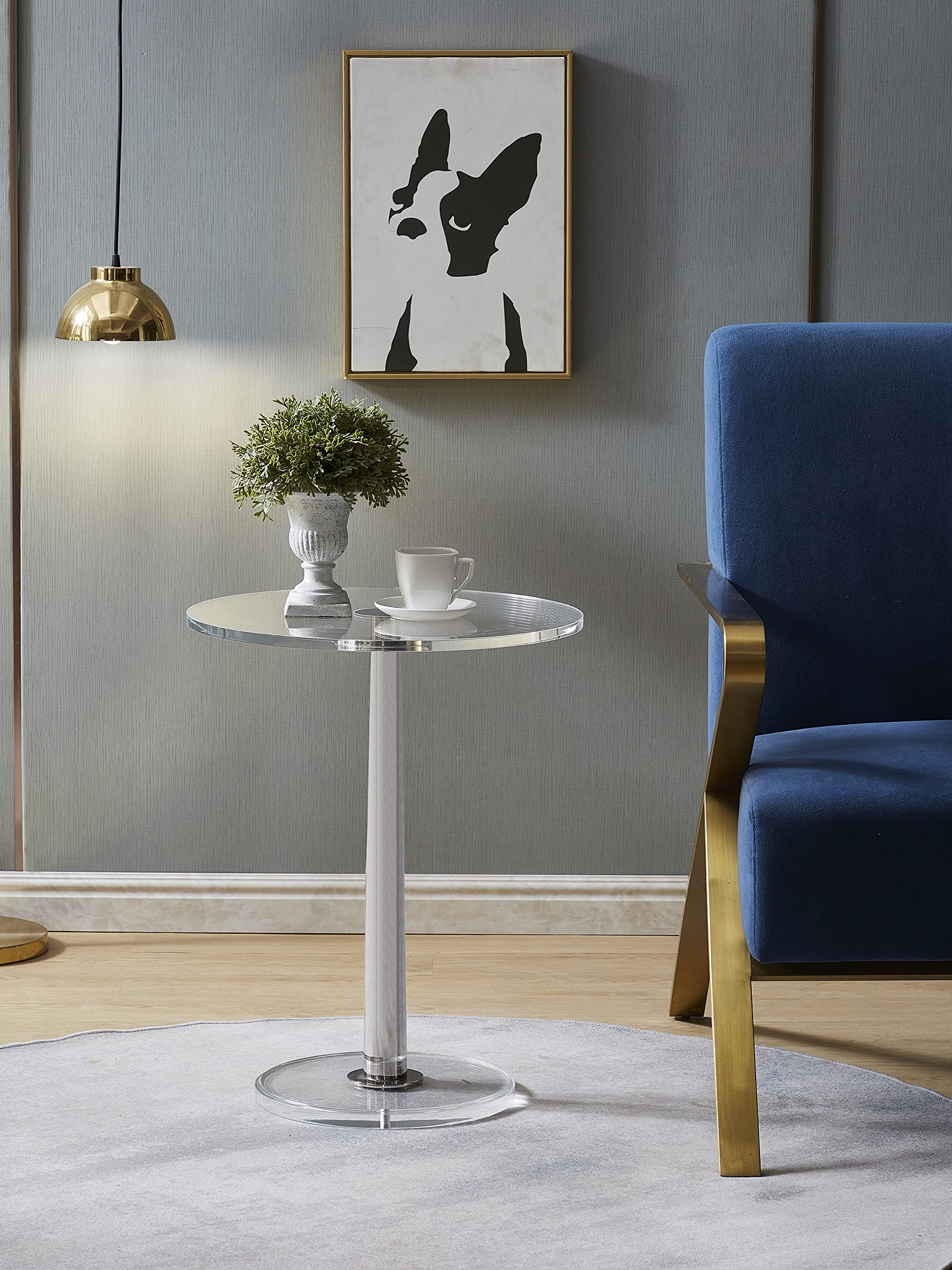 Modern Clear Acrylic Dining Table with Silver Cone-Shaped Metal Base - Large Round Glass-Like Table for Dining Room, Kitchen, or Office Workspace