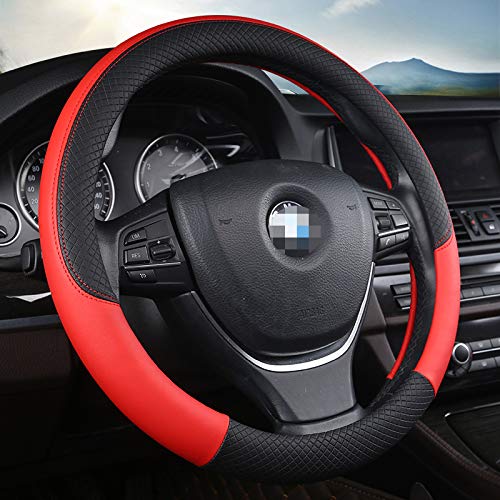 Premium Anti-Slip Leather Steering Wheel Cover 37-38cm - Universal Fit for Cars, SUVs & Trucks - Sporty Black & Red Design - Enhances Grip & Comfort for Daily Driving & Road Trips