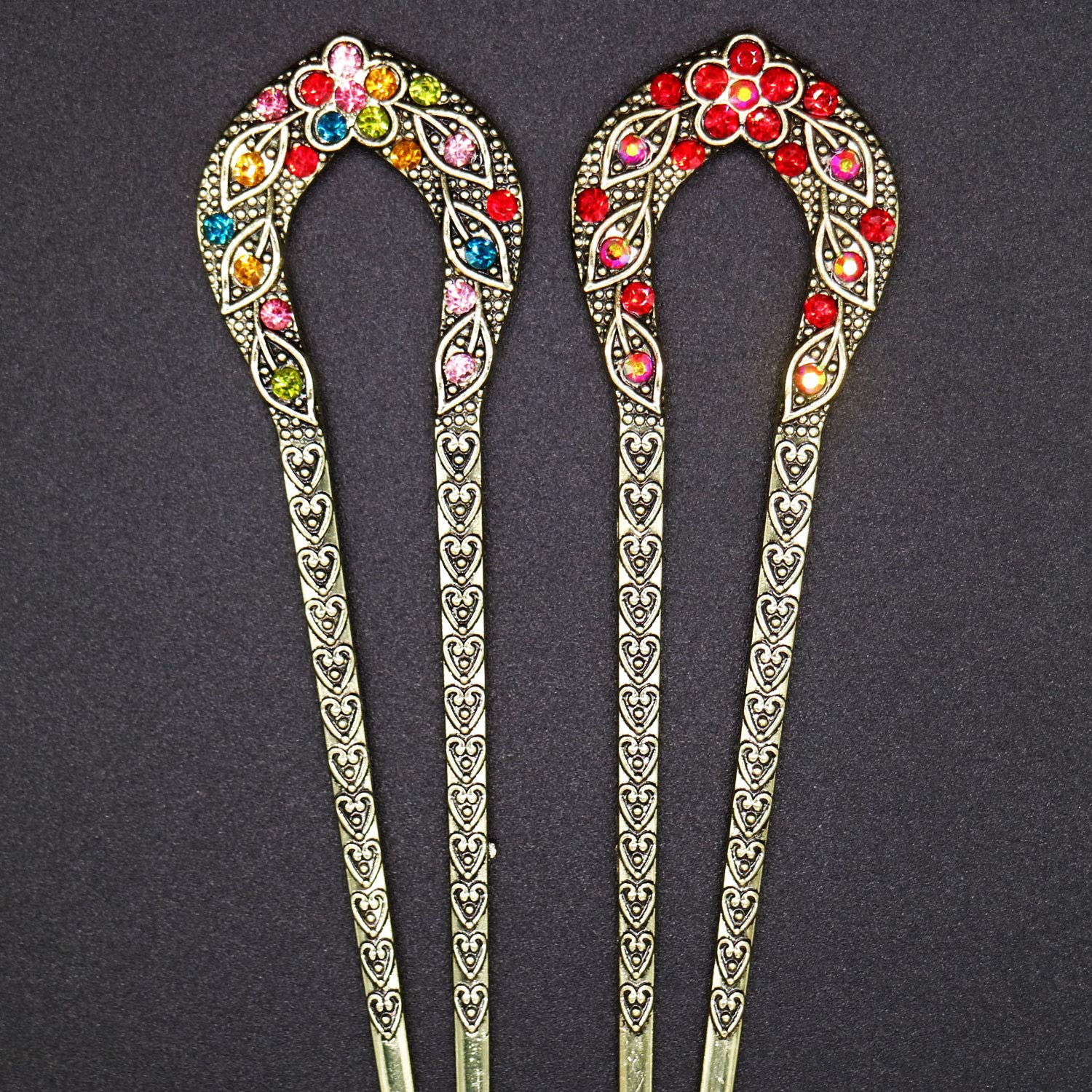 2 Pcs Vintage Crystal Rhinestone Hair Sticks - Double Prong Hair Pins for Chignon, Bun & Updo Hairstyles - Perfect for Weddings, Parties & Special Occasions
