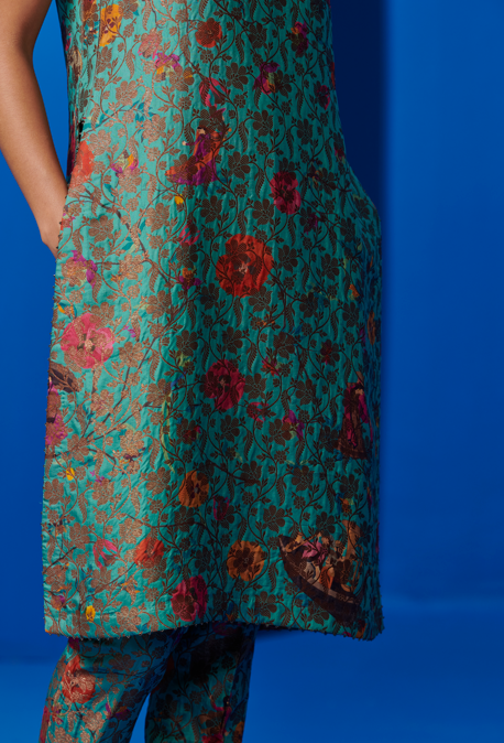 Mayuri Kurta - Elegant Silk Brocade Aqua Blue Indian Tunic Top for Women | Perfect for Festivals, Weddings & Special Occasions