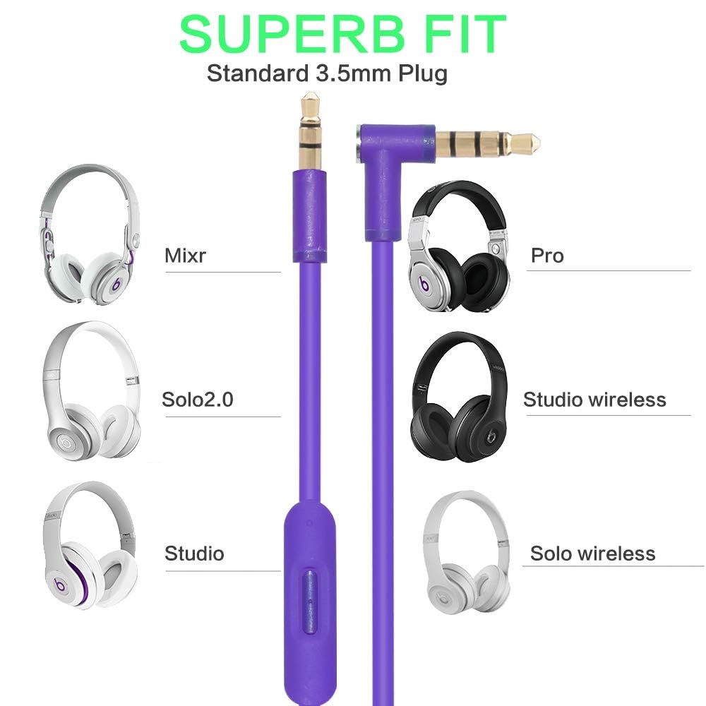 Purple Replacement Inline Mic Remote Extension Audio Cable for Beats by Dr. Dre Solo/HD/2/Studio Wireless/Pro/Detox/Mixr/Executive/Pill Headphones - Compatible with iPhone, Android & Gaming Headsets (3.5mm Jack) - Perfect for Music, Calls & Online Meetings