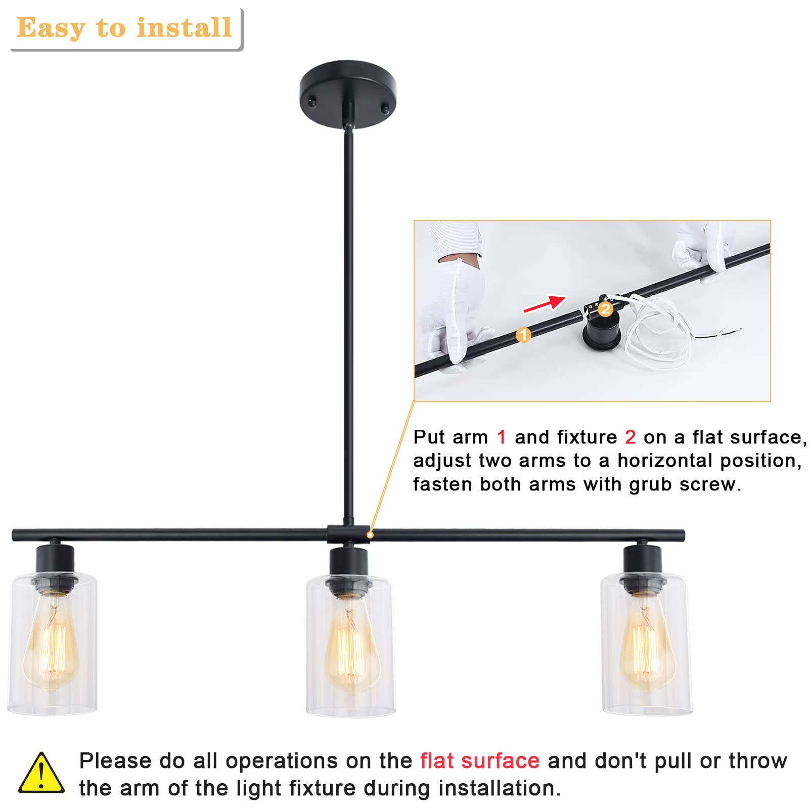 Modern Black Linear Chandelier Pendant Light - 3-Light Kitchen Island Lighting with Glass Shades, Hanging Fixture for Foyer, Bar, Living Room, Dining Room & Bedroom | Perfect for Contemporary Home Decor and Ambient Lighting