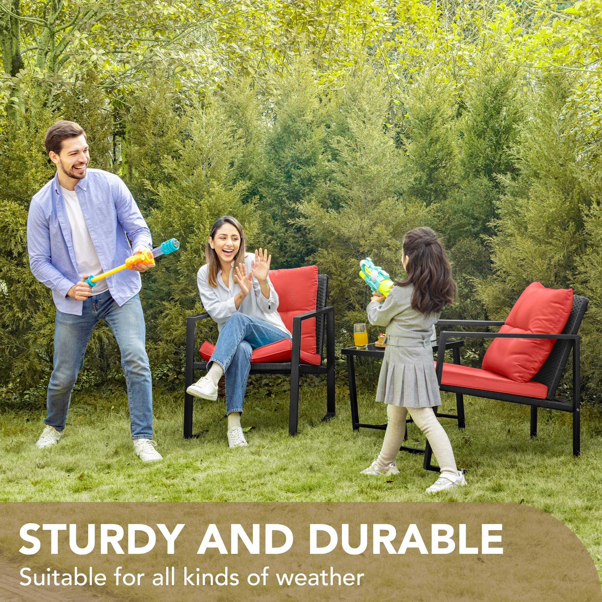 Devoko 3-Piece Wicker Patio Furniture Set - Outdoor Rocking Bistro Chairs with Glass Coffee Table - Red Conversation Set for Porch, Garden & Backyard Relaxation