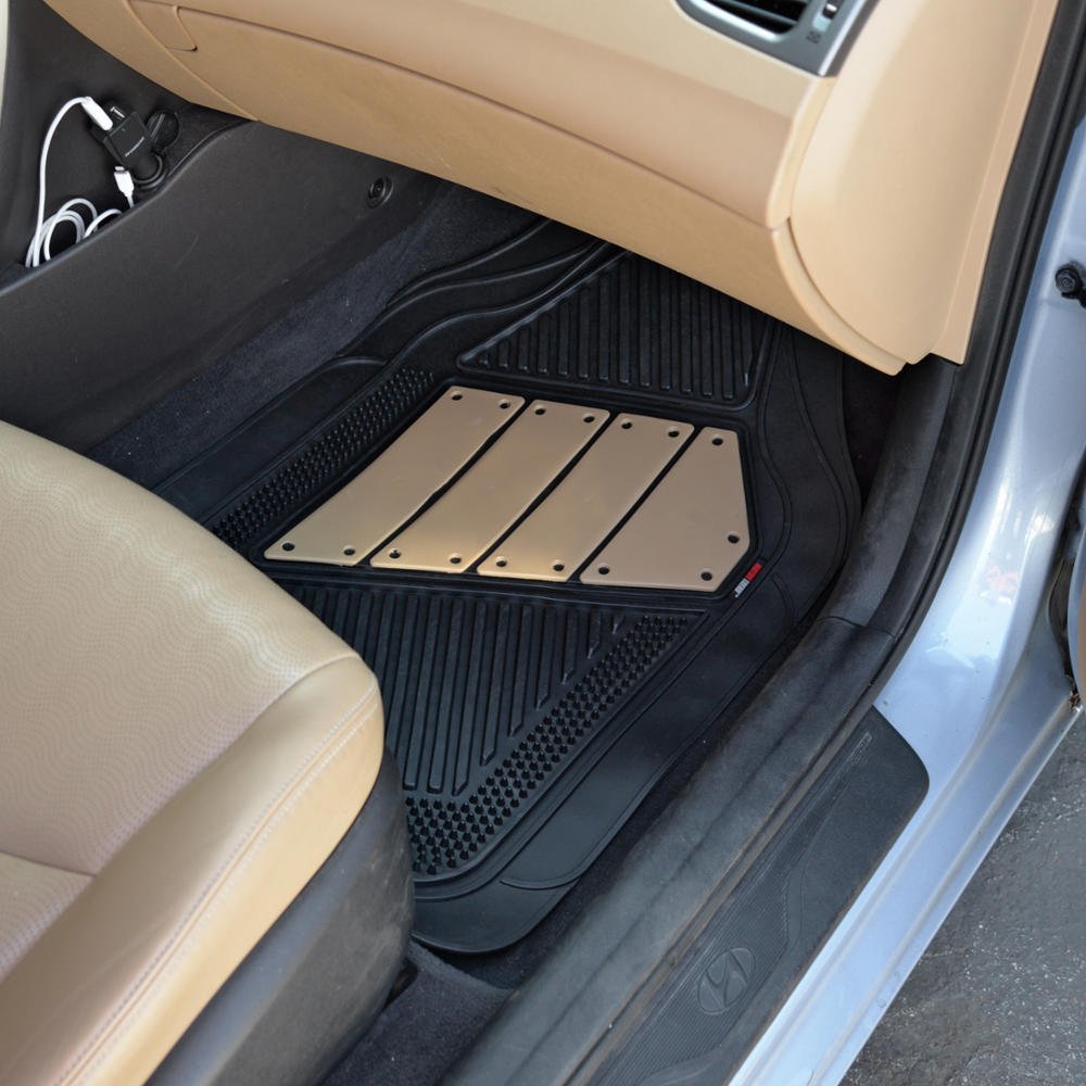 BDK PolyPro Black & Beige Car Seat Covers Full Set with Motor-Trend FlexTough All-Weather Rubber Floor Mats - Front & Rear Split Bench Seat Protectors for Cars, Trucks & SUVs | Perfect for Daily Commute, Road Trips & Pet Protection