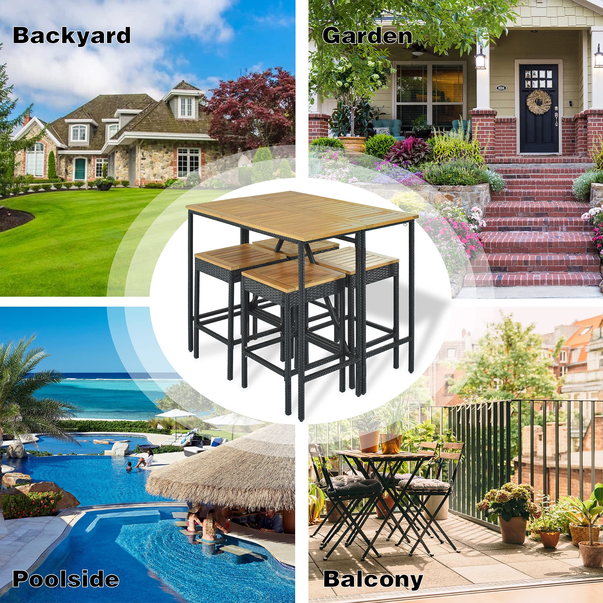 5-Piece Outdoor Patio Wicker Bar Set - High-Dining PE Rattan Bistro Set with Foldable Acacia Wood Table & Square Stools - All-Weather Space-Saving Conversation Set for Backyard, Garden or Balcony