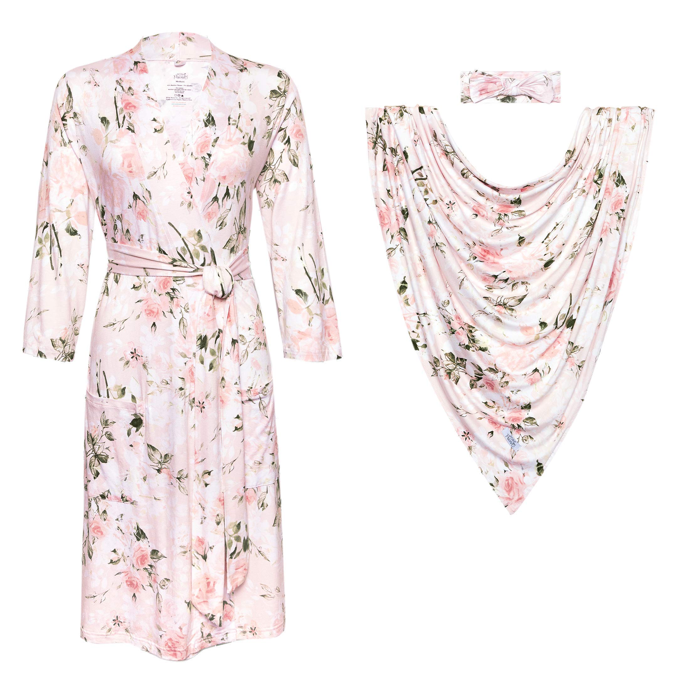 Posh Peanut Mommy Robe and Baby Swaddle Set - Soft Nursing Lounge Wear & Infant Receiving Blanket - Bamboo Viscose (Vintage Pink Rose, Medium) - Perfect for Labor Delivery, Newborn Care & Breastfeeding Comfort