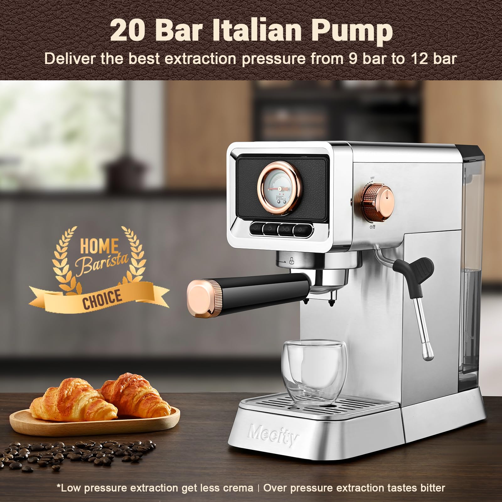 Mecity 20 Bar Espresso Machine with Milk Frother - Brushed Stainless Steel Coffee Maker for Espresso, Latte, Mocha & Americano - 37 fl.oz Water Tank, 1400W - Perfect for Home, Office & Cafe Use