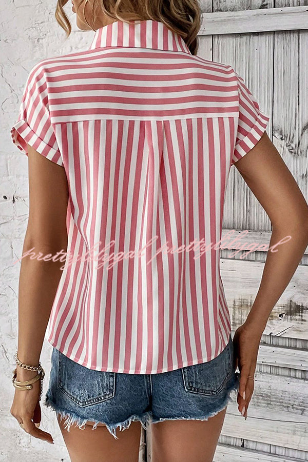 Men's Striped Print Short Sleeve Pocket Shirt - Casual Summer Button Down Top for Beach, Office & Outdoor Activities