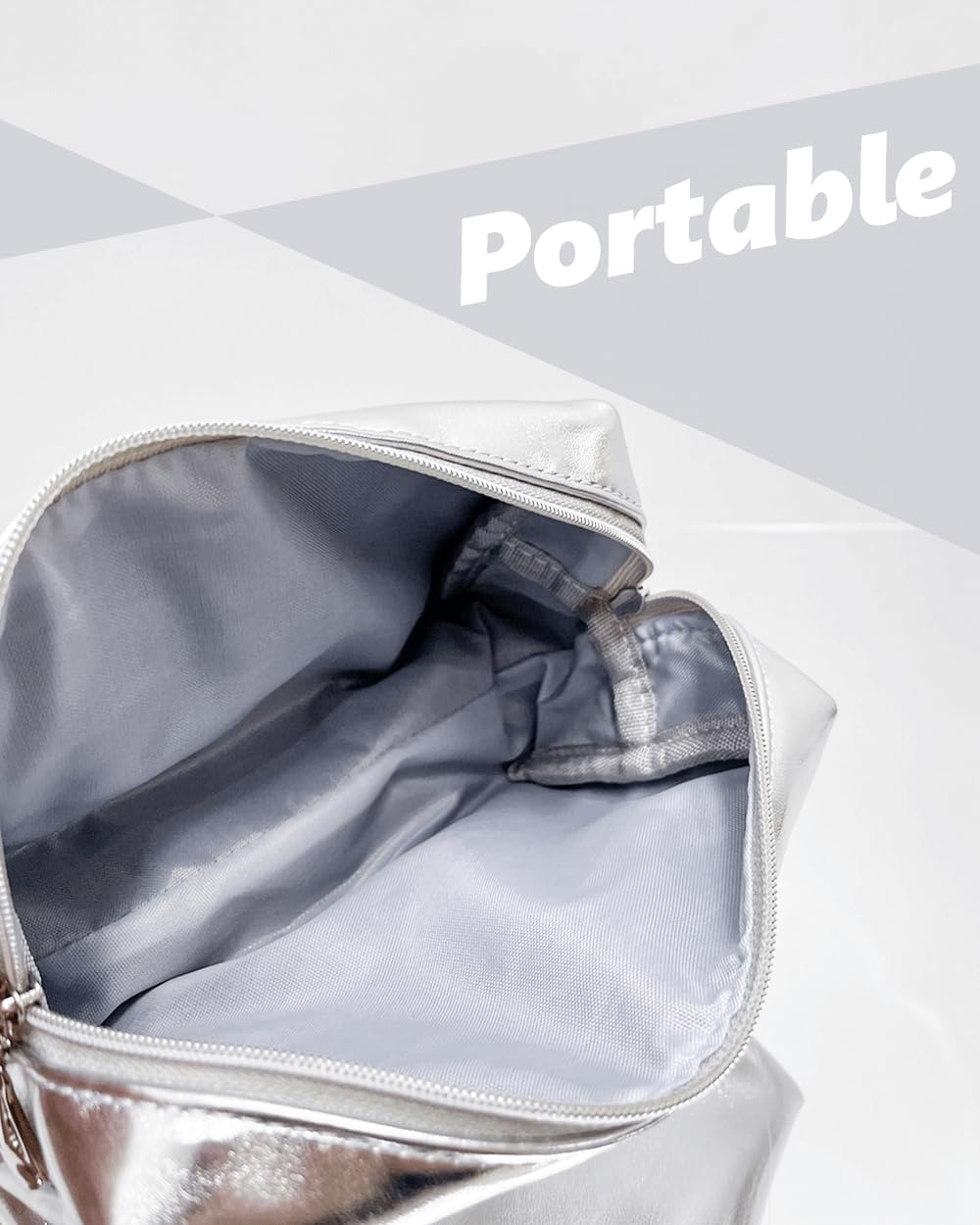 Small Makeup Bag for Women | Silver Leather Cosmetic Pouch | Travel & Everyday Essentials Organizer