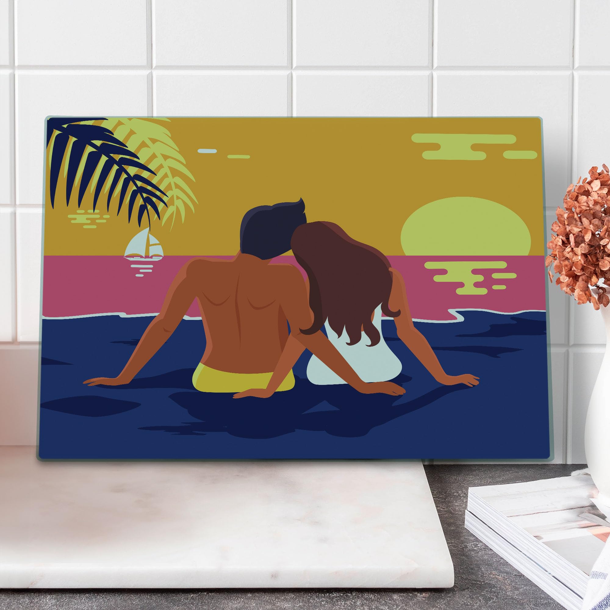 Ambesonne Decorative Tempered Glass Cutting Board - Large Multicolor Abstract Sunset Beach Scene with Romantic Couple - Perfect for Serving Charcuterie, Cheese & Entertaining Guests