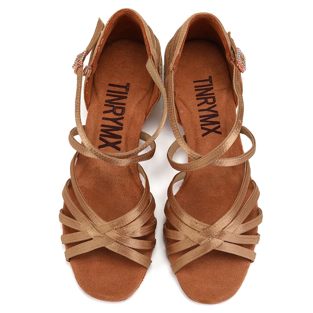 TINRYMX Girls Latin Dance Shoes Satin Ballroom Sandals with Low Heel - Model 608 for Practice, Performance, Wedding & Party