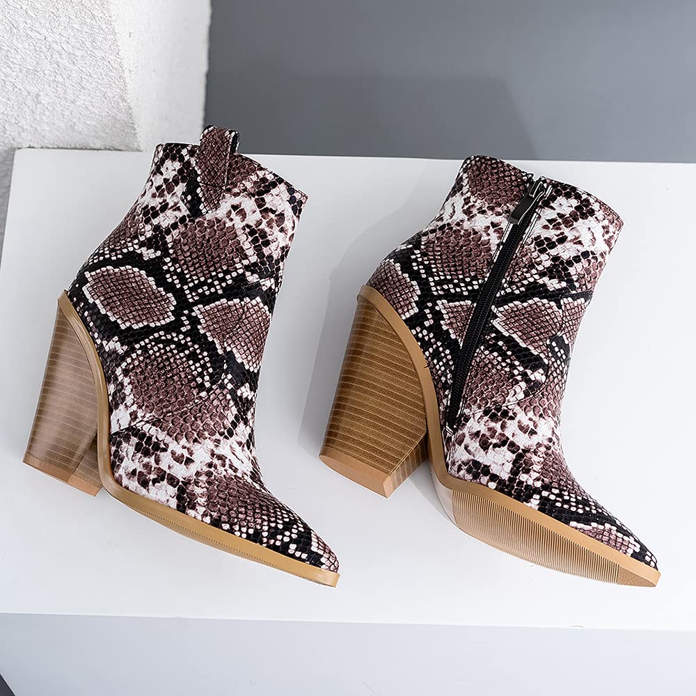 LEHOOR Women's Chunky Heel Western Boots - Animal Print Cowboy Ankle Boots with Side Zipper, Pointed Toe & Stacked Heel (US 5-11 M) | Vintage Cowgirl Booties for Party, Casual Wear & Western Fashion Outfits