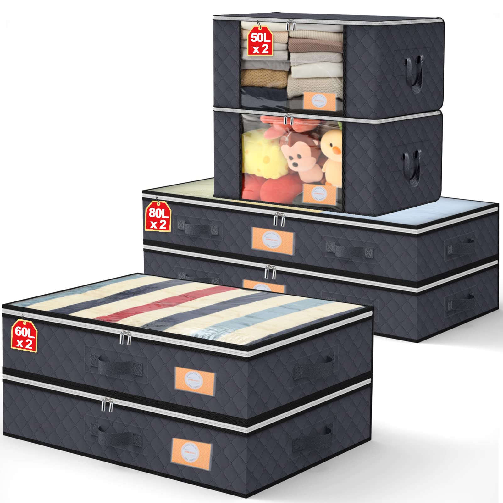 6-Pack Large Underbed Storage Bags with Clear Window (80Lx2 + 60Lx2 + 50Lx2) - Foldable Bed Storage Containers with 4 Handles & Sturdy Zipper for Comforters, Blankets, Bedding - Perfect for Seasonal Clothes, Guest Room Organization & Small Space Storage