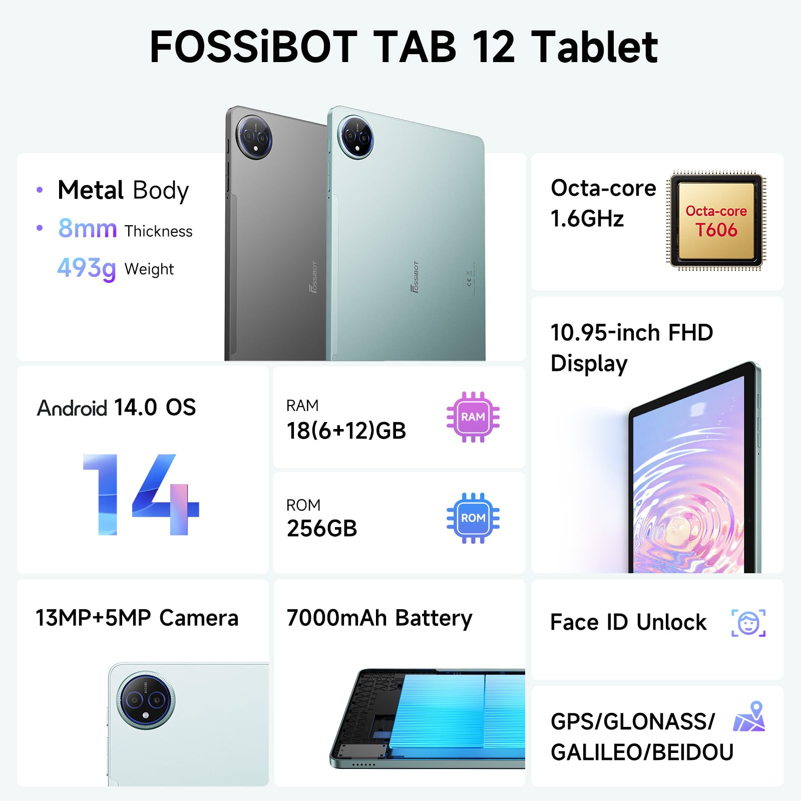 FOSSiBOT Tab12 Android 14 Tablet - 10.95 Inch FHD+ (1920x1200) 4G LTE Octa-Core, 18GB RAM (6+12) + 256GB Storage (Expandable to 1TB), 7000mAh Battery, Dual Camera (13MP+5MP) | Widevine L1 | GPS | BT5.0 | Face ID - Perfect for Work, Study, Streaming & Travel