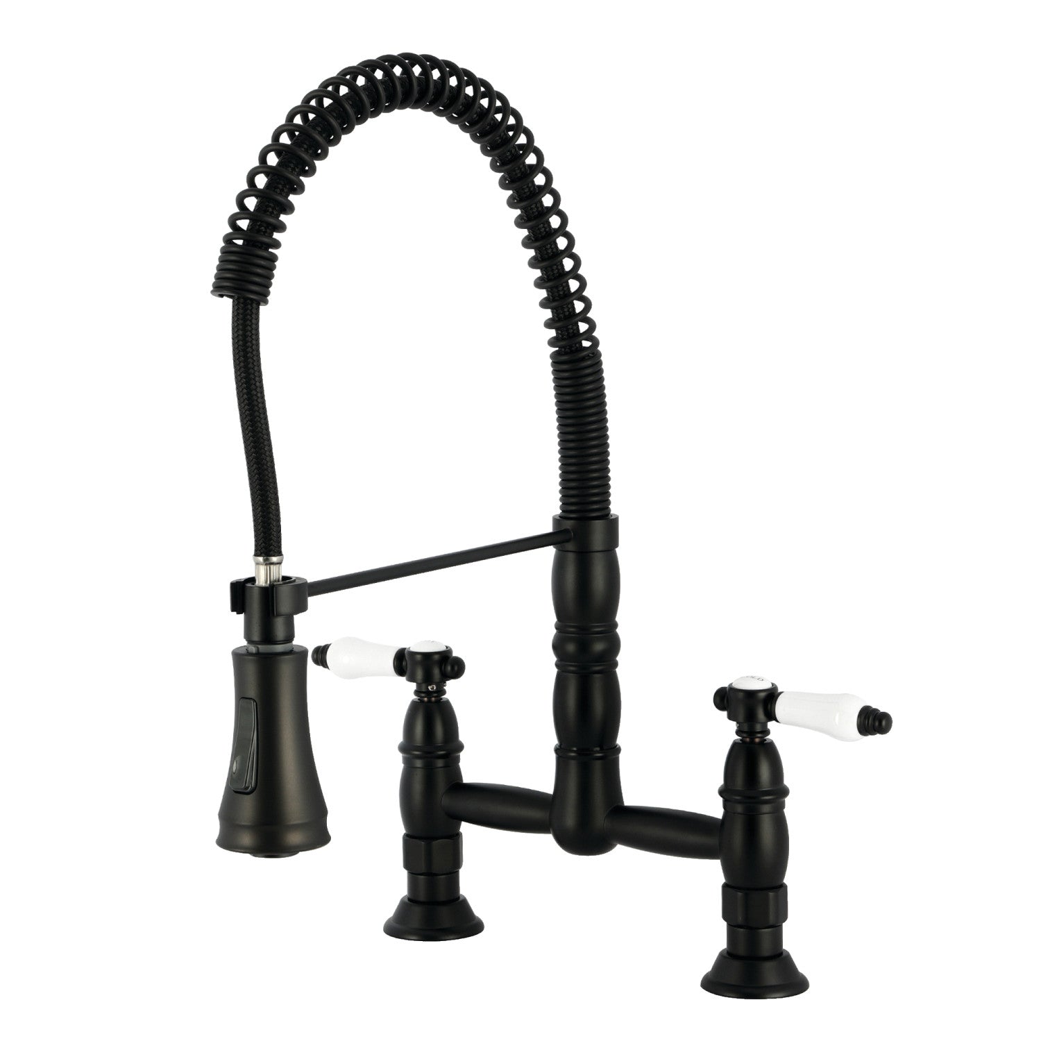 Bel Air GS1270BPL Matte Black Double Handle 2-Hole Deck Mount Pre-Rinse Bridge Kitchen Faucet - Perfect for Commercial & Home Kitchen Sinks, Restaurants, and Food Prep Areas