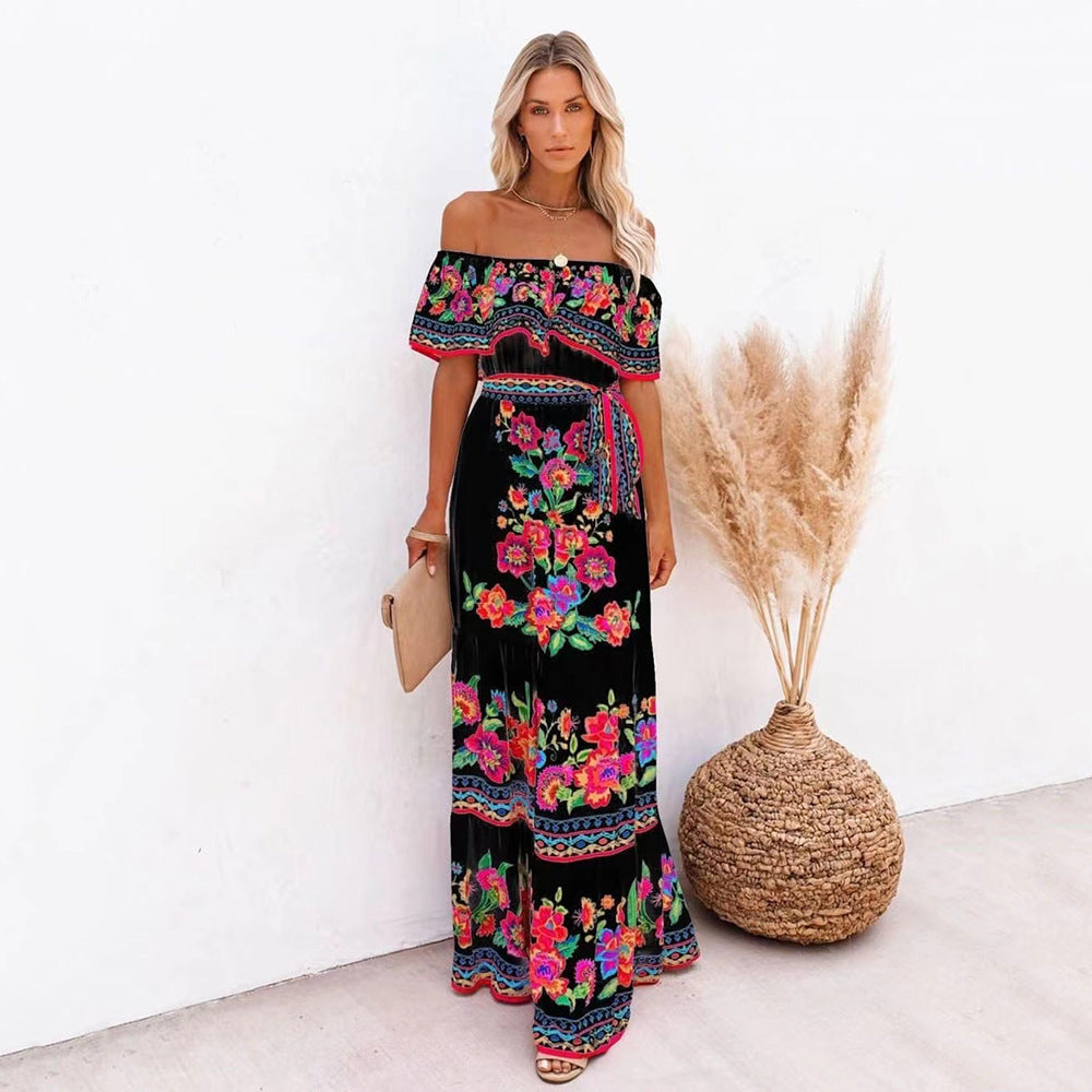 2025 Trendy Floral Print Long Swing Dress - One Shoulder Red Flower Design for Spring & Summer | Perfect for Beach Vacations, Parties & Casual Outings
