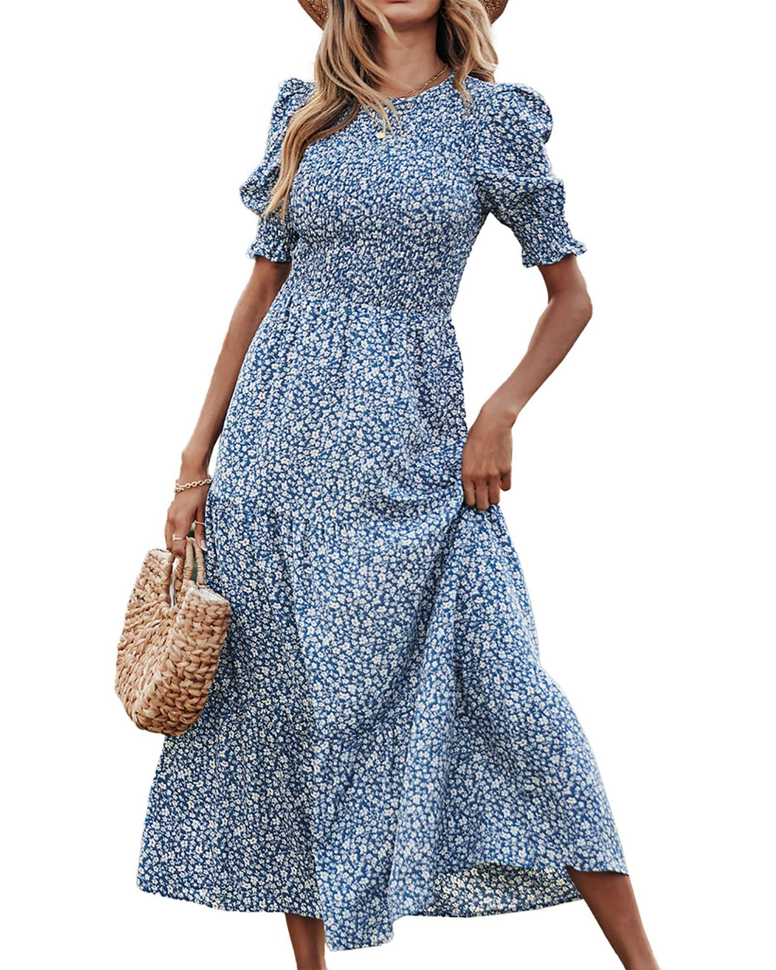 BTFBM Women's Floral Print Boho Maxi Dress - Crew Neck, Ruffle Short Sleeve, Smocked Waist, Flowy Summer Dress for Beach, Vacation & Casual Wear | Spring 2025 Fashion Trends