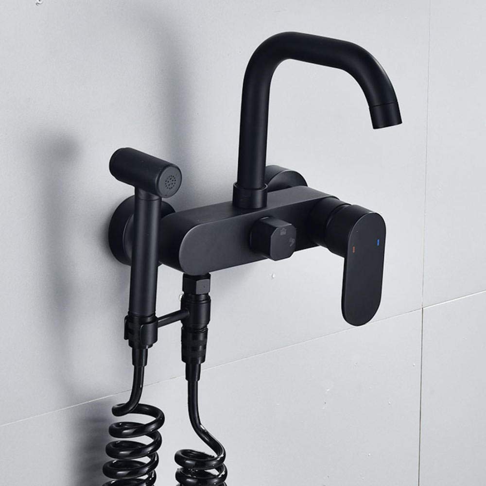 Brass Wall Mount Faucet with Spray Gun - Hot & Cold Water Kitchen Sink Faucet - 2 Hole Wall-Mounted Black Faucet for Laundry Trough & Utility Sink - Durable & Stylish for Modern Homes