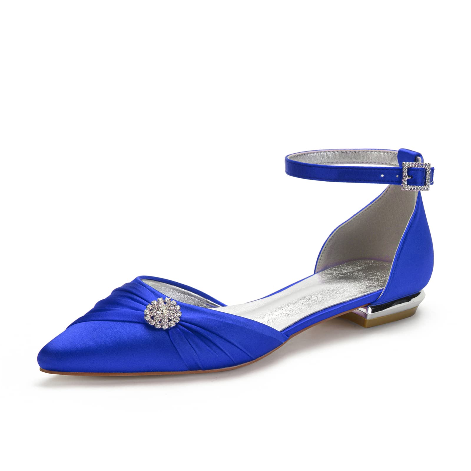 HYMYSUNY Women's Satin Wedding Shoes - Pointed Toe Bridal Flats with Ankle Strap & Diamante Decor for Bride & Bridesmaids | Perfect for Church Ceremony, Reception & Outdoor Weddings