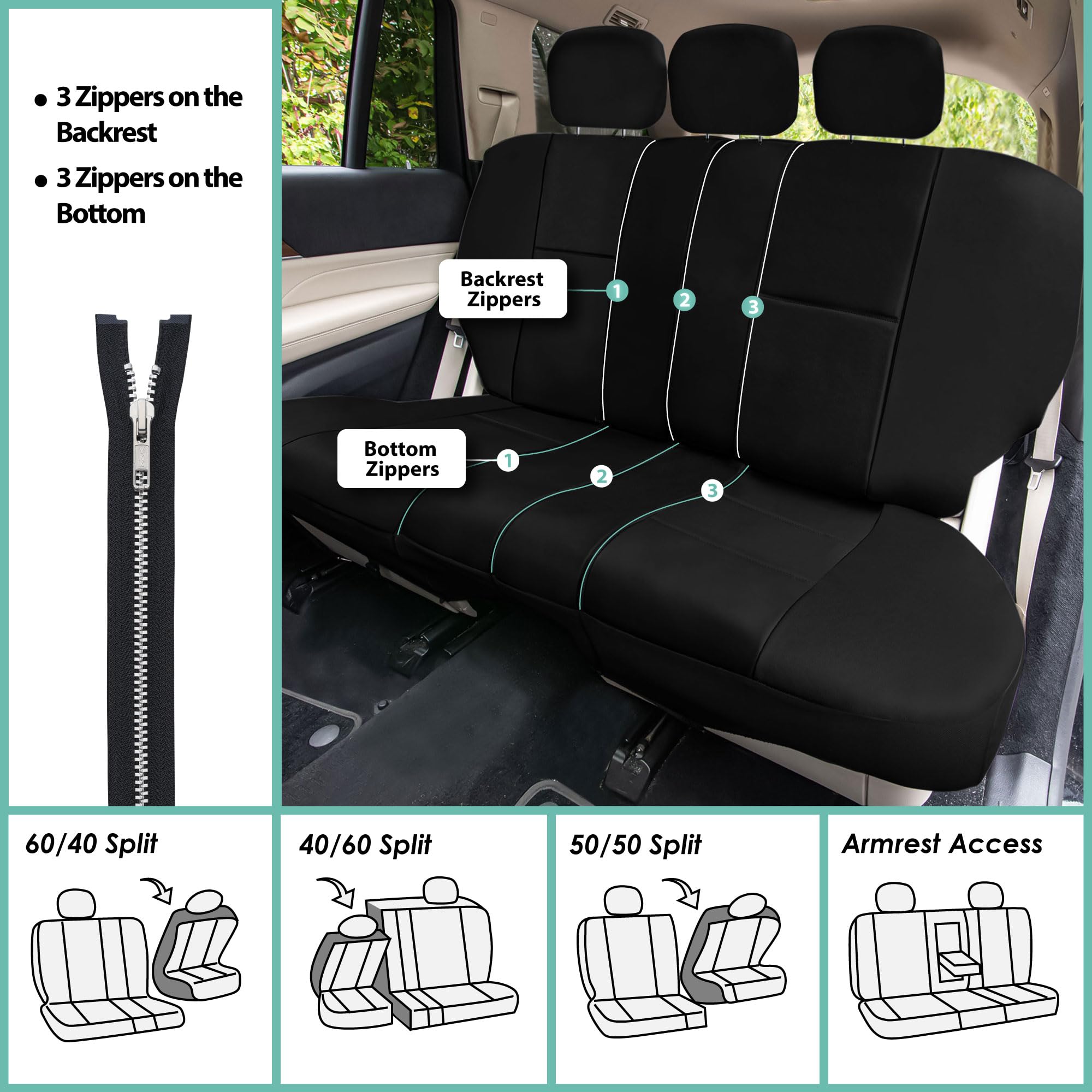 Premium FH GRO PU Leather Car Seat Covers - 3 Row 8 Seater Universal Fit for Most Cars, Trucks, SUVs & Vans | Airbag Compatible Split Bench Design | Waterproof & Easy to Clean | Perfect for Family Road Trips, Daily Commute and Outdoor Adventures (Solid Black)