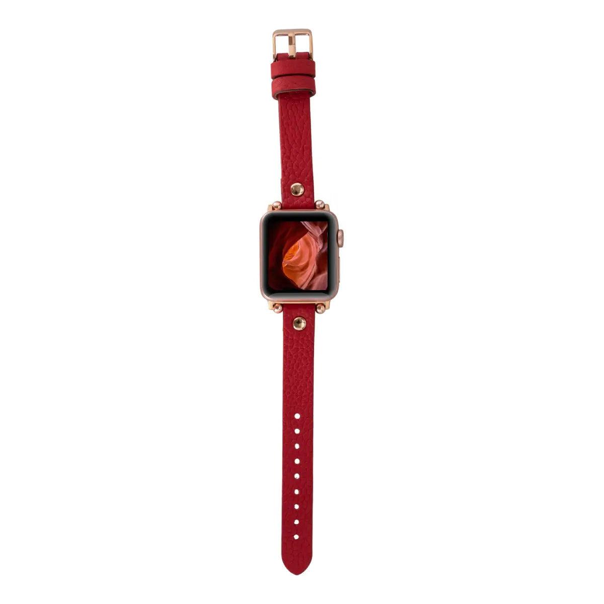 Premium Red Leather Ultra Slim Apple Watch Band with Gold Rivet - Stylish & Durable Replacement Strap for Workouts, Office & Everyday Wear