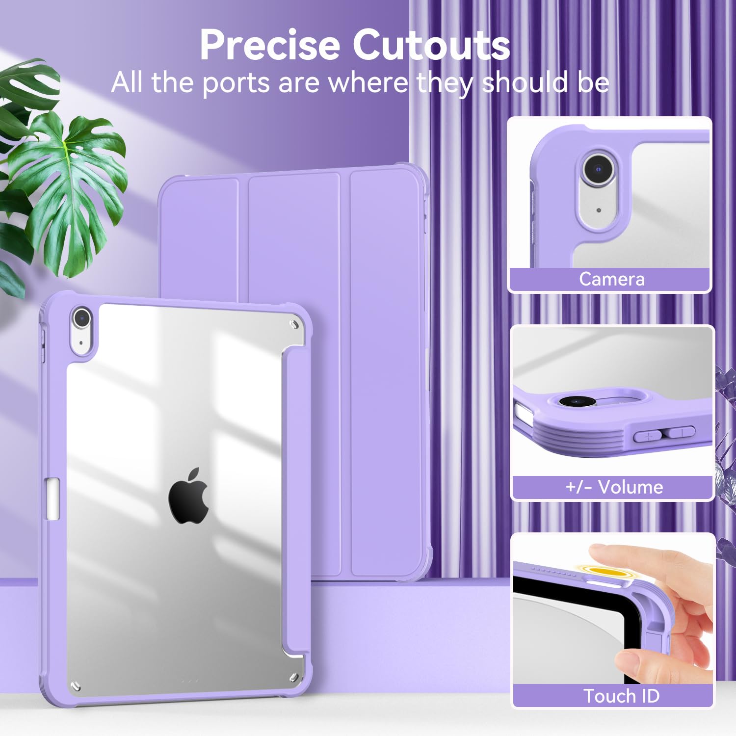 OKP iPad Air 5th/4th Generation Case (2022/2020 Model) - 10.9 Inch Slim Lightweight Trifold Folio Smart Cover with Pencil Holder & Auto Sleep/Wake - Clear Back Light Purple - Perfect for Work, School & Travel