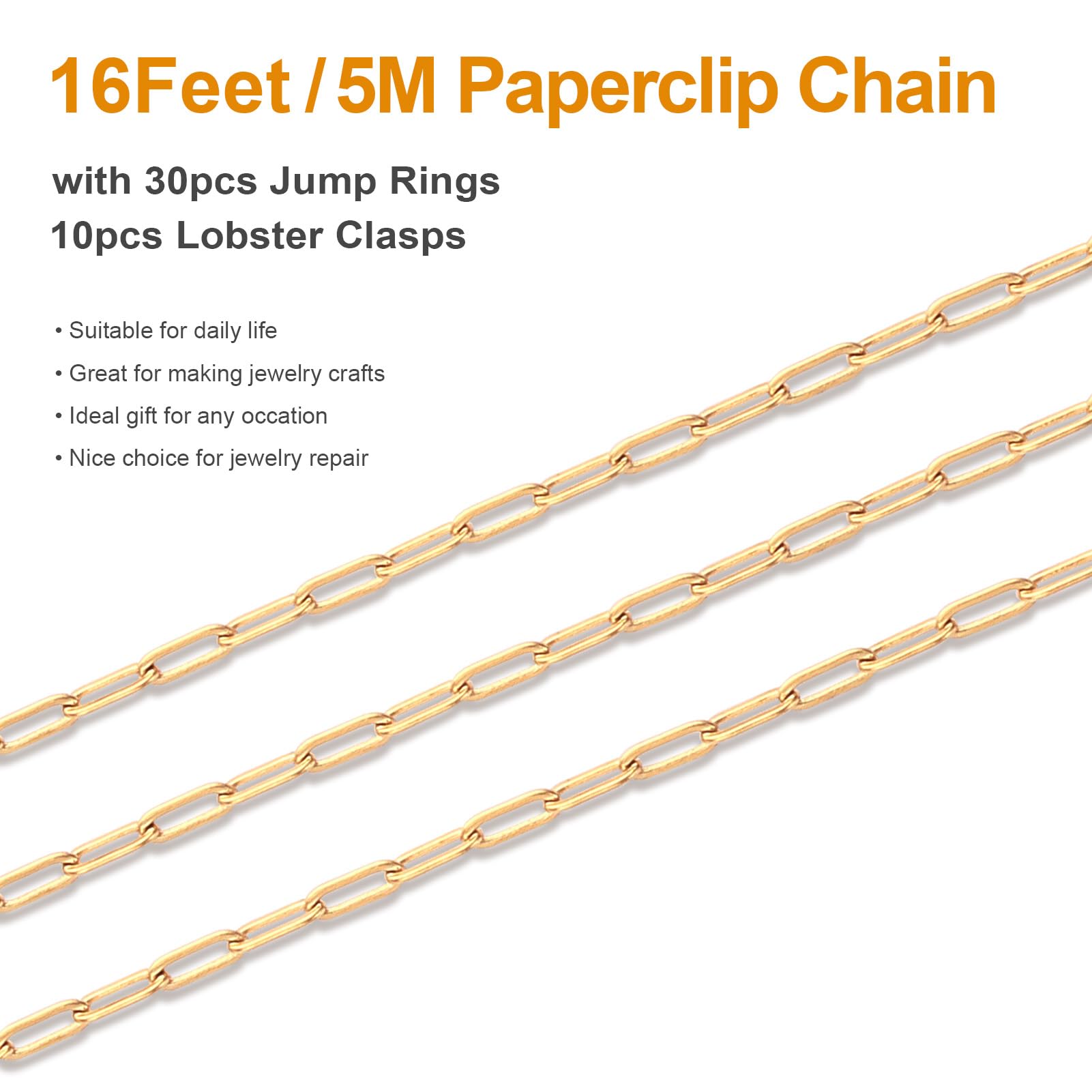 5M Gold Plated 304 Stainless Steel Paperclip Necklace Chain with Lobster Clasps & Jump Rings - Jewelry Making Supplies for Men & Women - Perfect for DIY Necklaces, Bracelets and Craft Projects