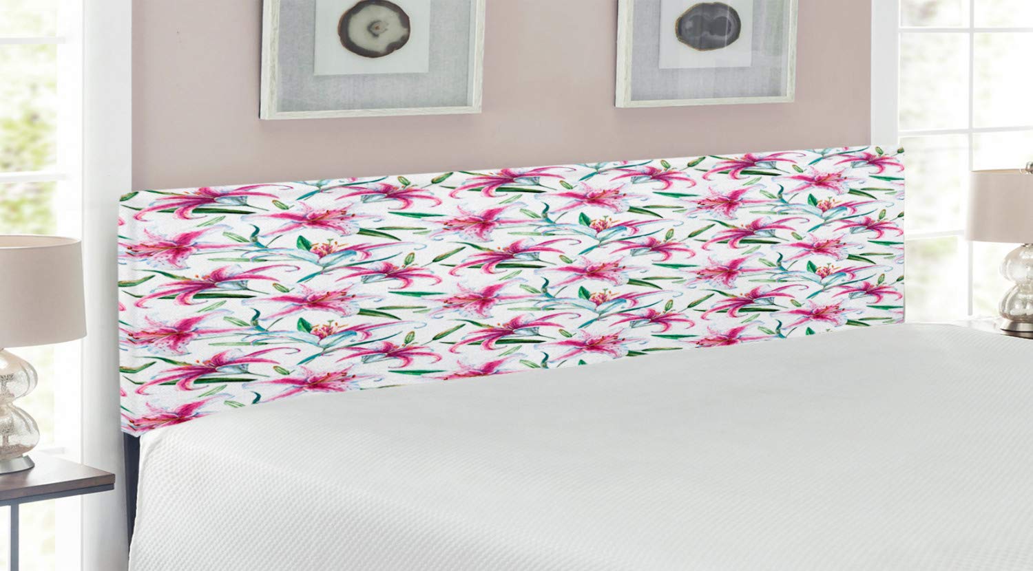 Ambesonne King Size Upholstered Headboard with Memory Foam - Tropical Watercolor Lily Floral Design in Purple & Green | Decorative Metal Bed Frame for Master Bedroom, Guest Room & Home Decor