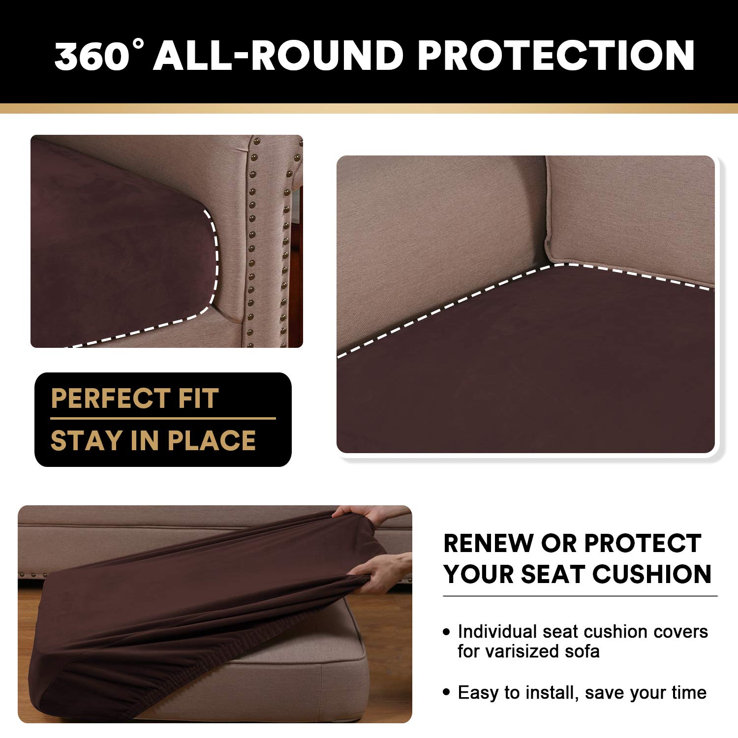 PrinceDeco 2-Piece Velvet Stretch Sofa Cushion Covers - Brown Pet-Friendly Furniture Protectors | Non-Slip, Machine Washable Sofa Slipcovers for Living Room, Bedroom & Home Decor