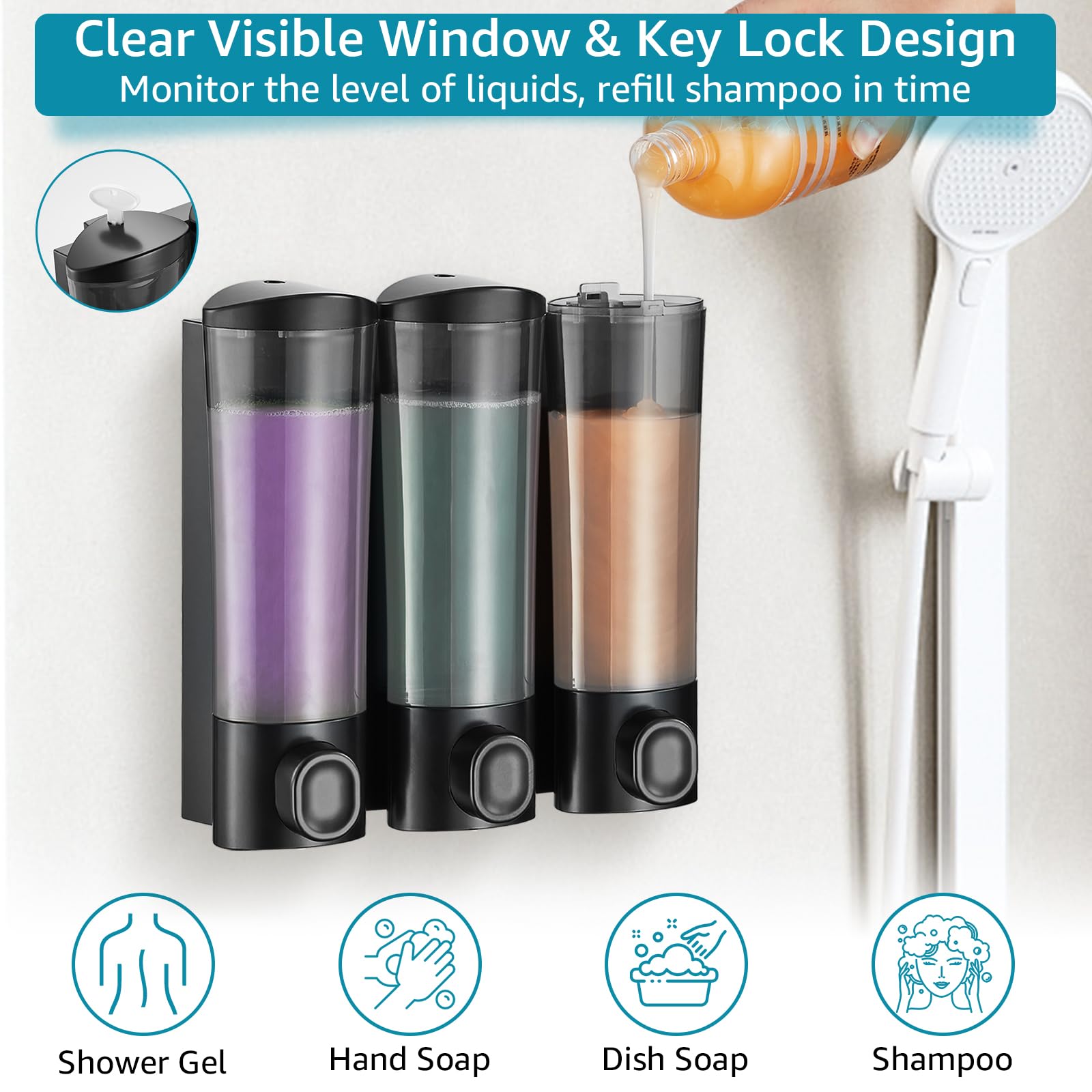 No-Drill Wall Mount Shampoo & Conditioner Dispenser - 3 Chamber Bathroom Liquid Soap Pump Set (3x300ml, Black) for Shower, Hotel & Home Use - Space Saving Solution for Organized Bathrooms