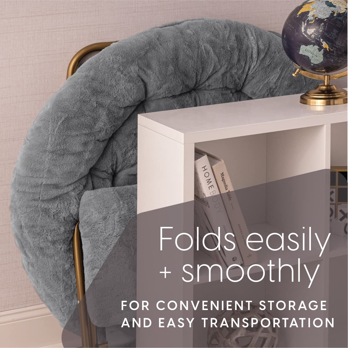 Milliard Extra Large Cozy Chair with Footrest Ottoman - Faux Fur Saucer Chair for Bedroom, Living Room & Dorm - Grey - Perfect for Relaxing, Reading & Lounging