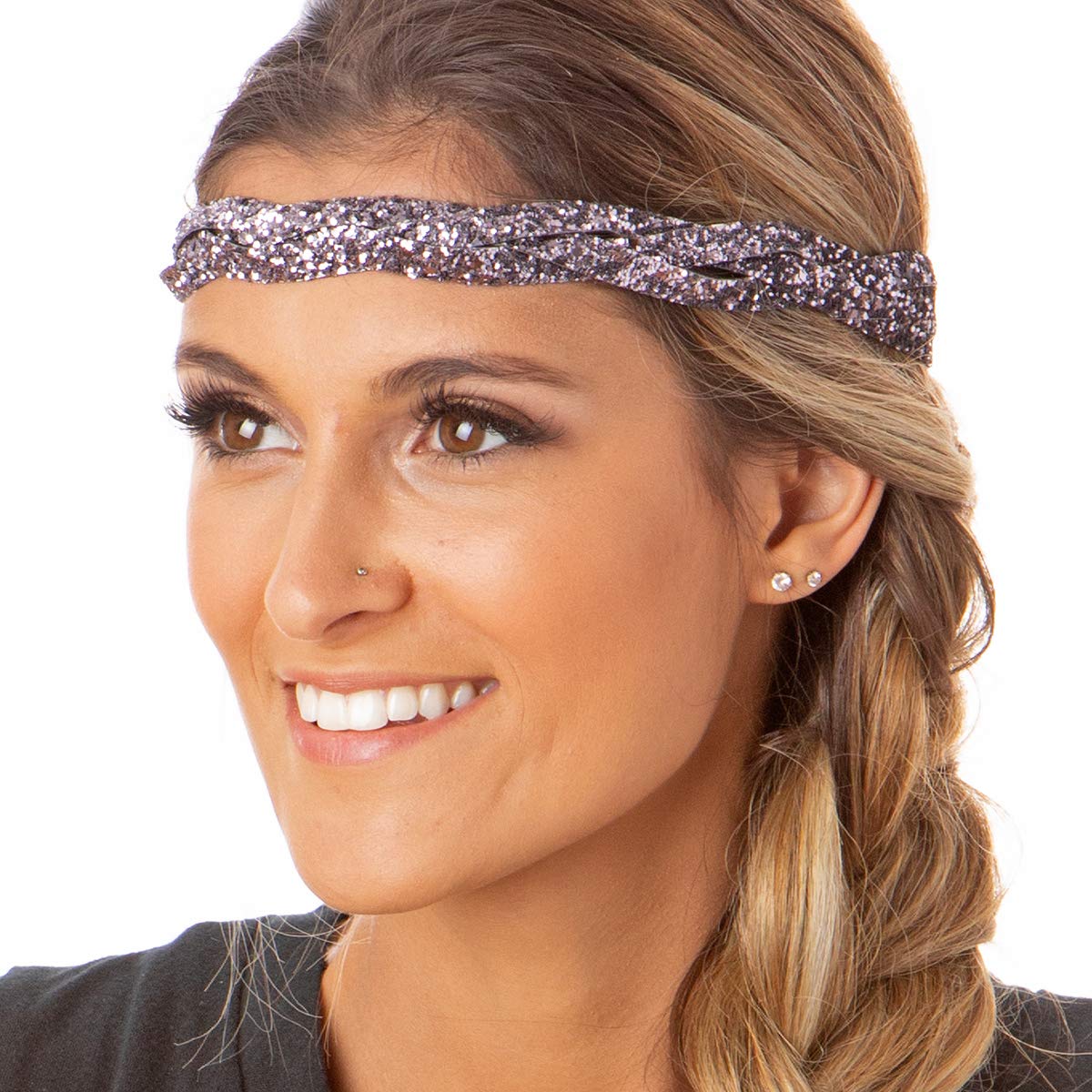 Sparkly Adjustable No-Slip Bling Headbands for Women, Girls & Teens - 4 Pack Mixed Glitter & Gunmetal - Perfect for Sports, Workouts, School & Everyday Fashion