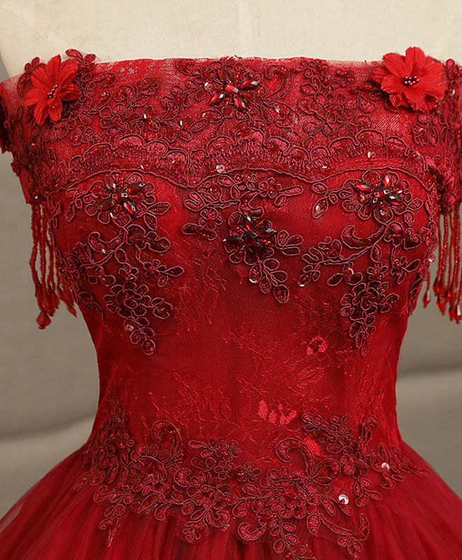 Elegant Burgundy Tulle Lace Long Prom Gown - Formal Evening Dress for Homecoming, Wedding & Special Occasions