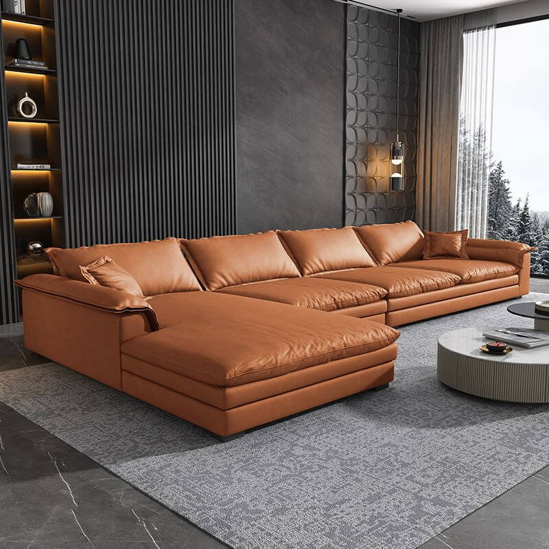 L-Shaped Sectional Sofa with Chaise Lounge in Amber Brown - Modern Left-Facing Corner Couch for Living Room, Apartment & Small Spaces