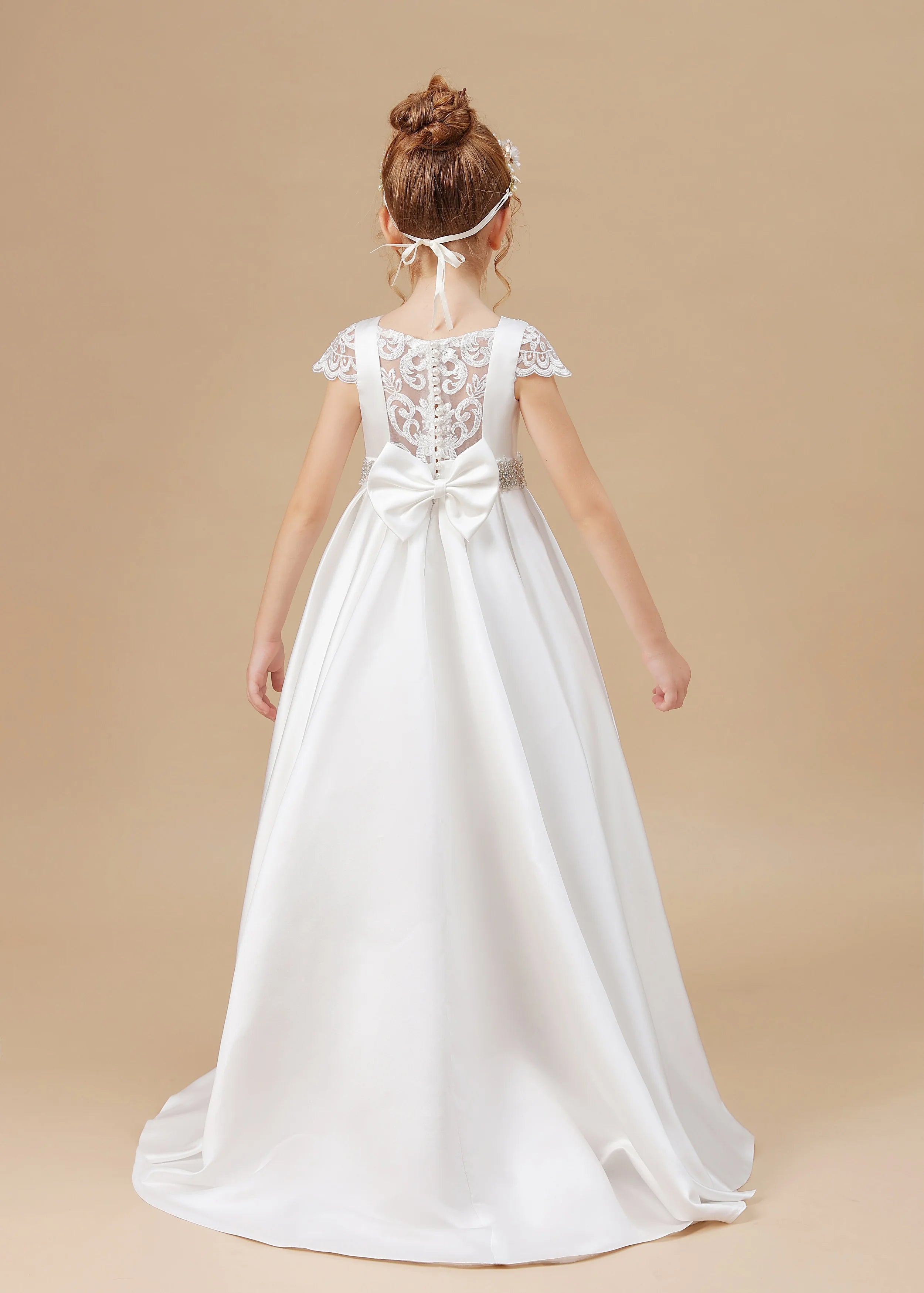 Elegant Satin Princess Flower Girl Dress for First Communion - Perfect for Weddings, Baptisms & Special Occasions