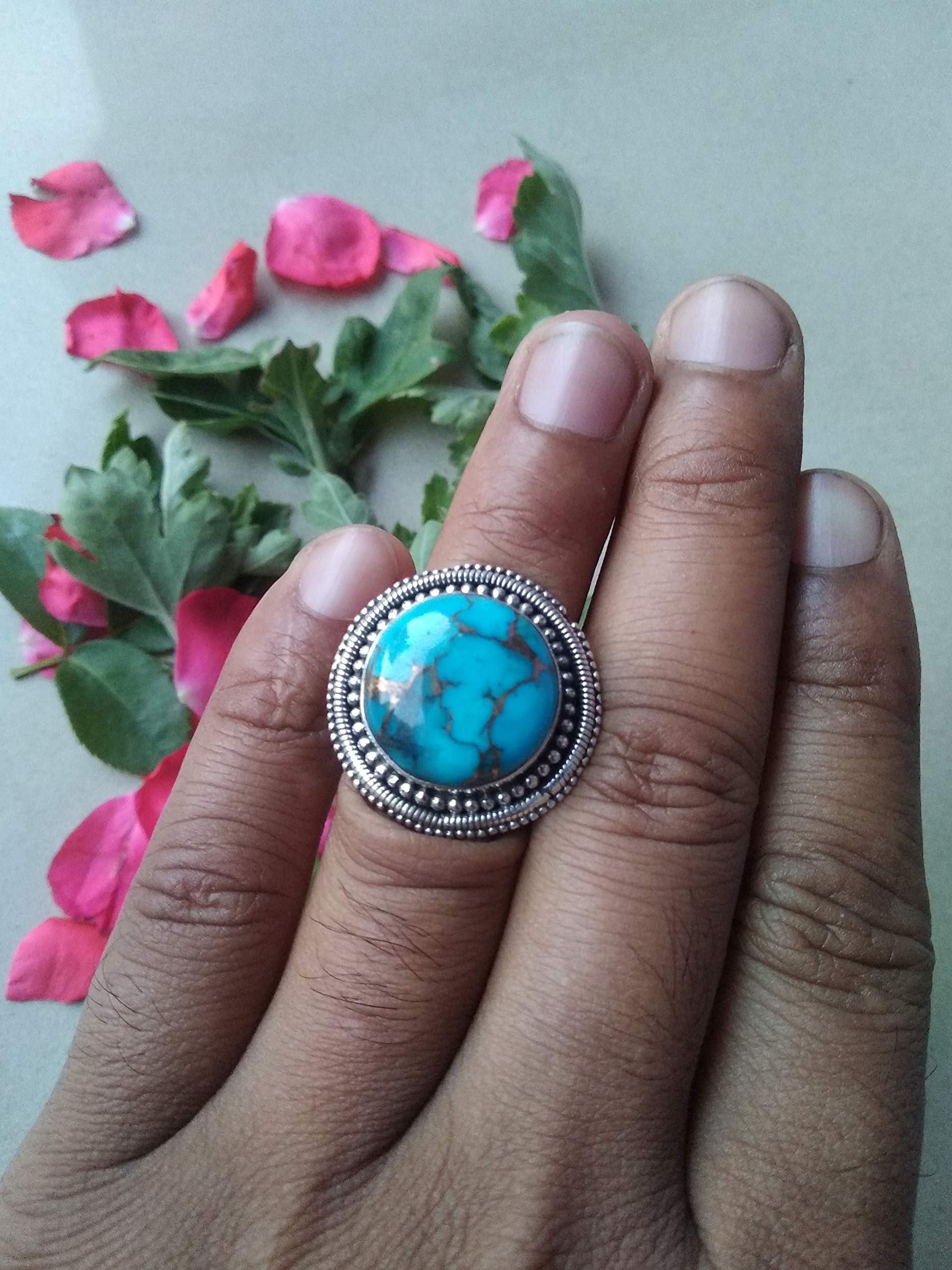 925 Sterling Silver Blue Copper Turquoise Ring for Women - Boho Round Statement Jewelry, Genuine Gift for Her, Promise Ring, Mermaid Gift, Nickle Free Midi Ring | Perfect for Weddings, Parties & Everyday Boho Fashion