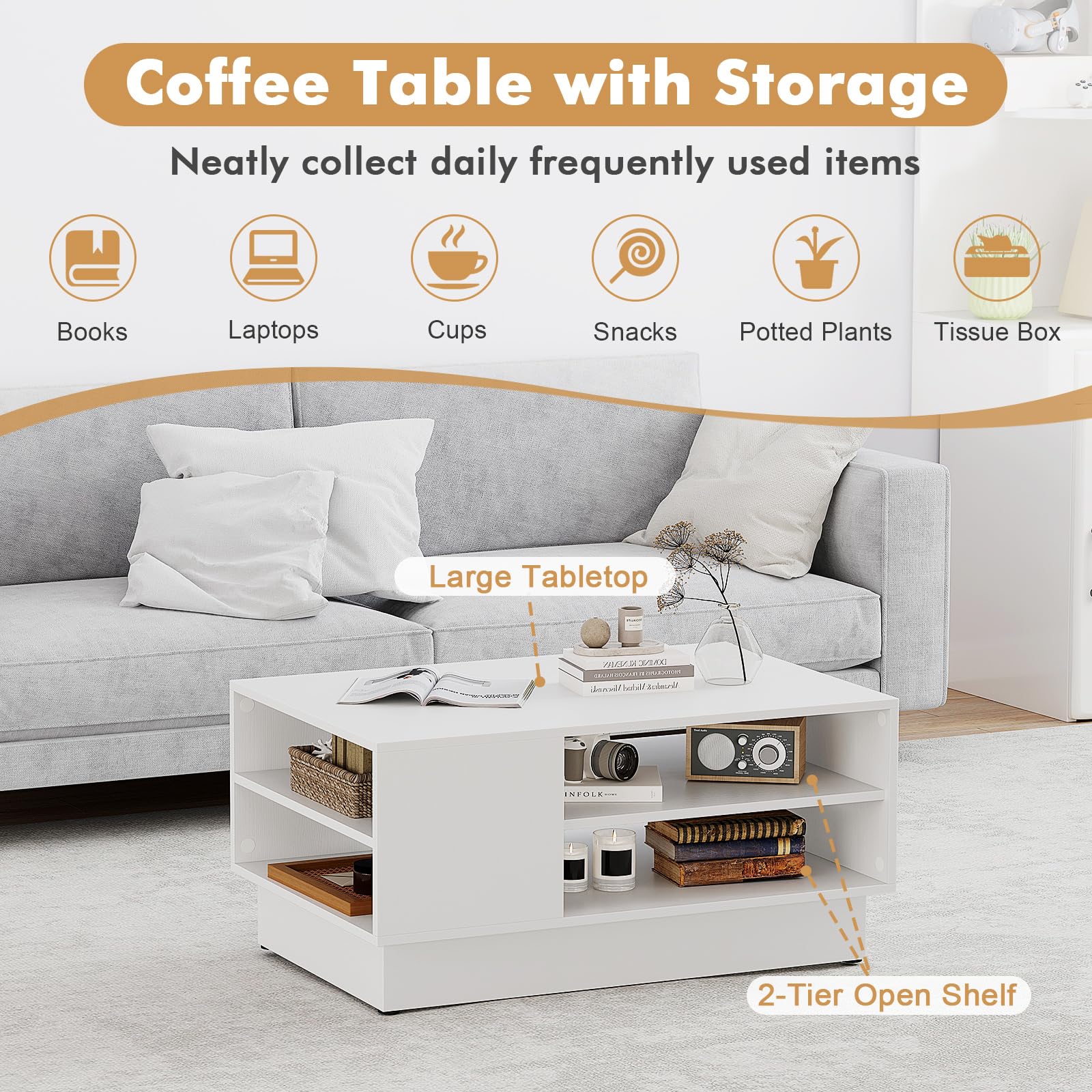 Giantex Modern White 2-Tier Coffee Table with Storage Shelf - Geometric Rectangle Sofa Table with Elevated Base - Perfect for Living Room, Reception Area, Lounge & Small Spaces - Sturdy Accent Table for Coffee, Books & Home Decor