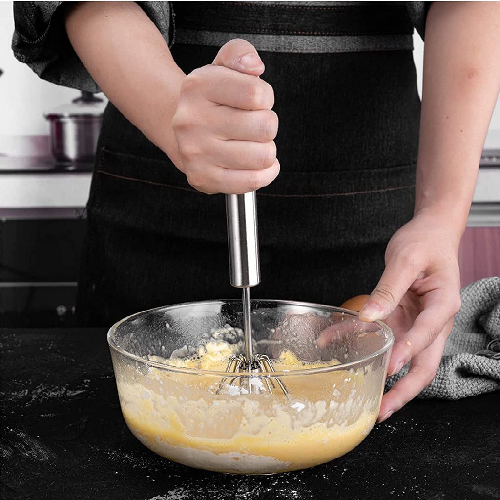 Florisca® Stainless Steel Hand Push Whisk - Semi-Automatic Egg Beater & Milk Frother for Baking, Cooking & Coffee Making - Perfect for Mixing, Whisking & Blending Eggs, Batter & Milk Foam