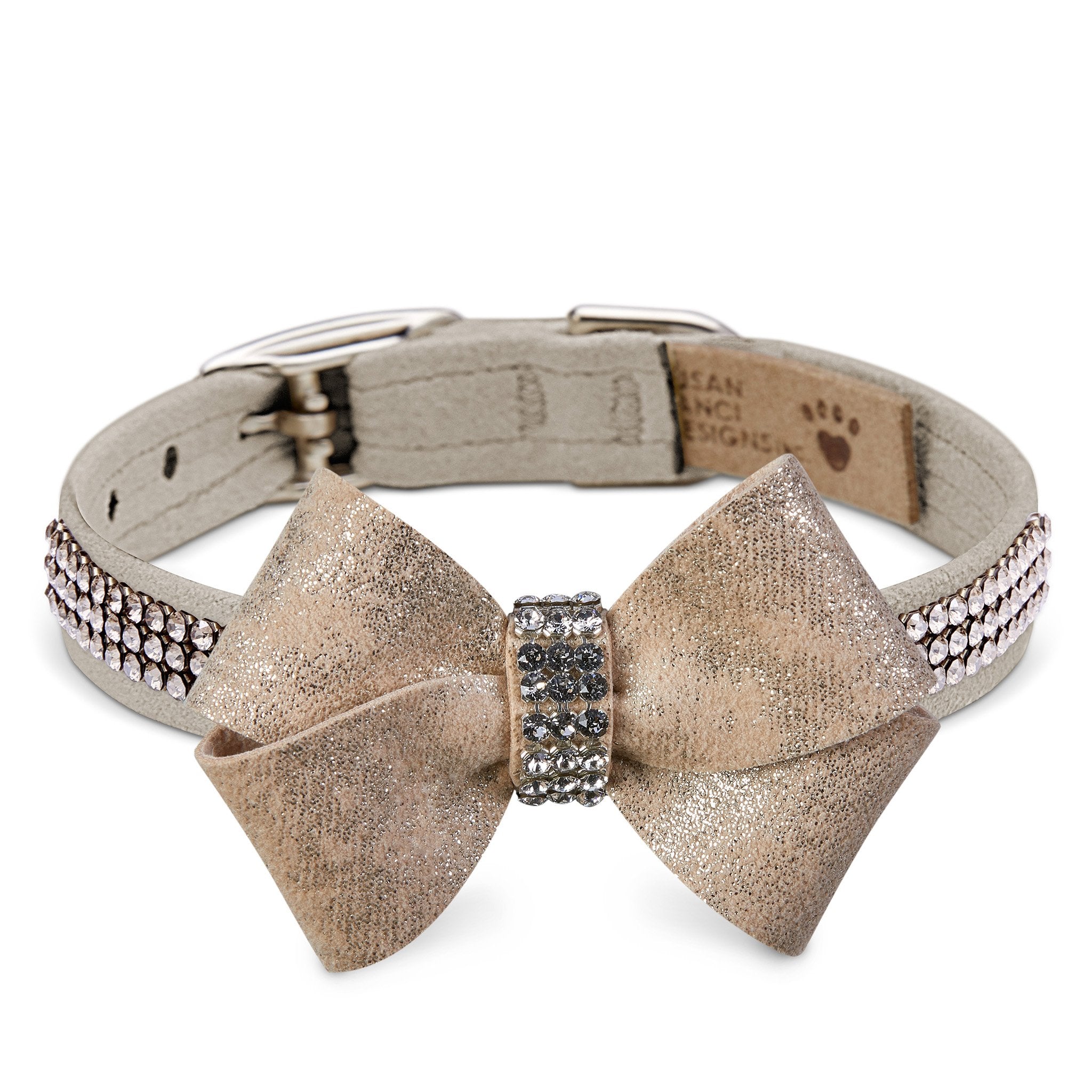 Champagne Glitzerati Nouveau Bow 3-Row Giltmore Dog Collar - Elegant Sparkling Pet Accessory for Special Occasions & Parties