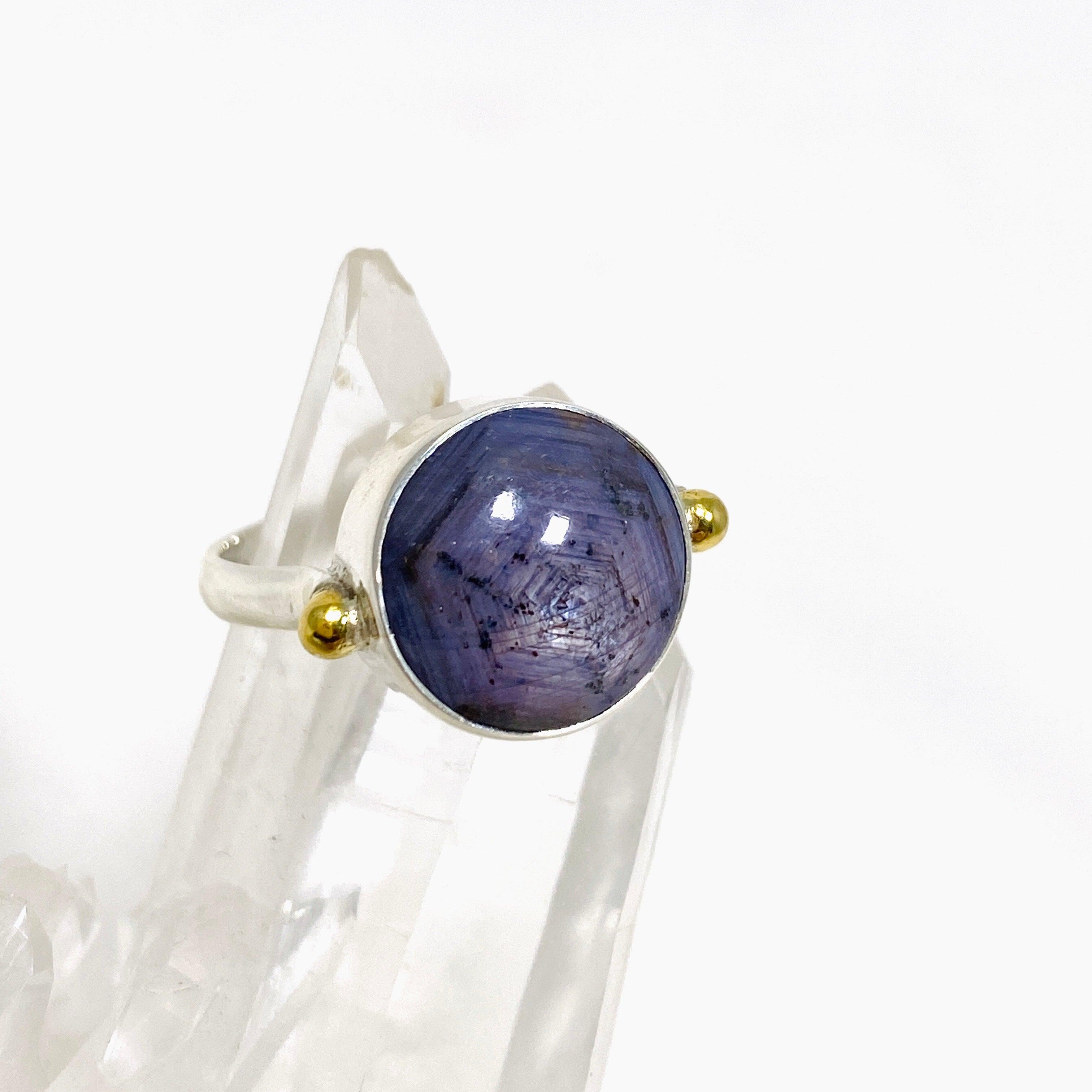 Elegant Sapphire Round Ring with Brass Accents - Size 9 KRGJ3179 | Perfect for Weddings, Anniversaries & Special Occasions