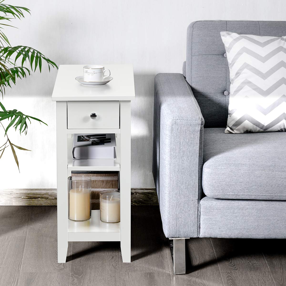 Giantex Narrow End Table Set of 2, Small Side Table with Drawer and Shelf, Wood Accent Sofa Table, Skinny Nightstand for Small Space - Perfect for Living Room, Bedroom, Dorm & Apartment (White)