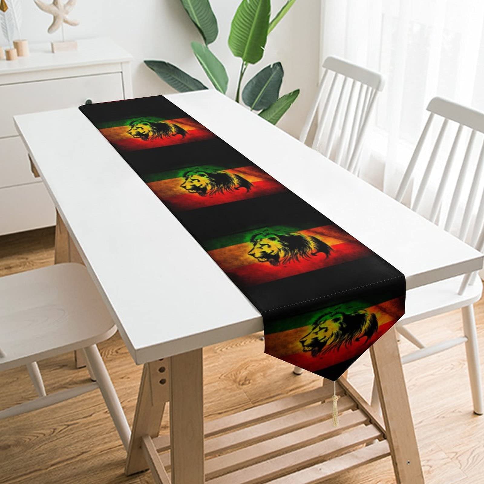African Lion of Judah Rasta Rastafari Jamaica Flag Table Runner - 70x13 Inch White Cotton Dresser Scarf for Dining Table, Kitchen Decor, Holiday Parties & Ethiopian Celebration - Perfect for Cultural Events & Home Decoration